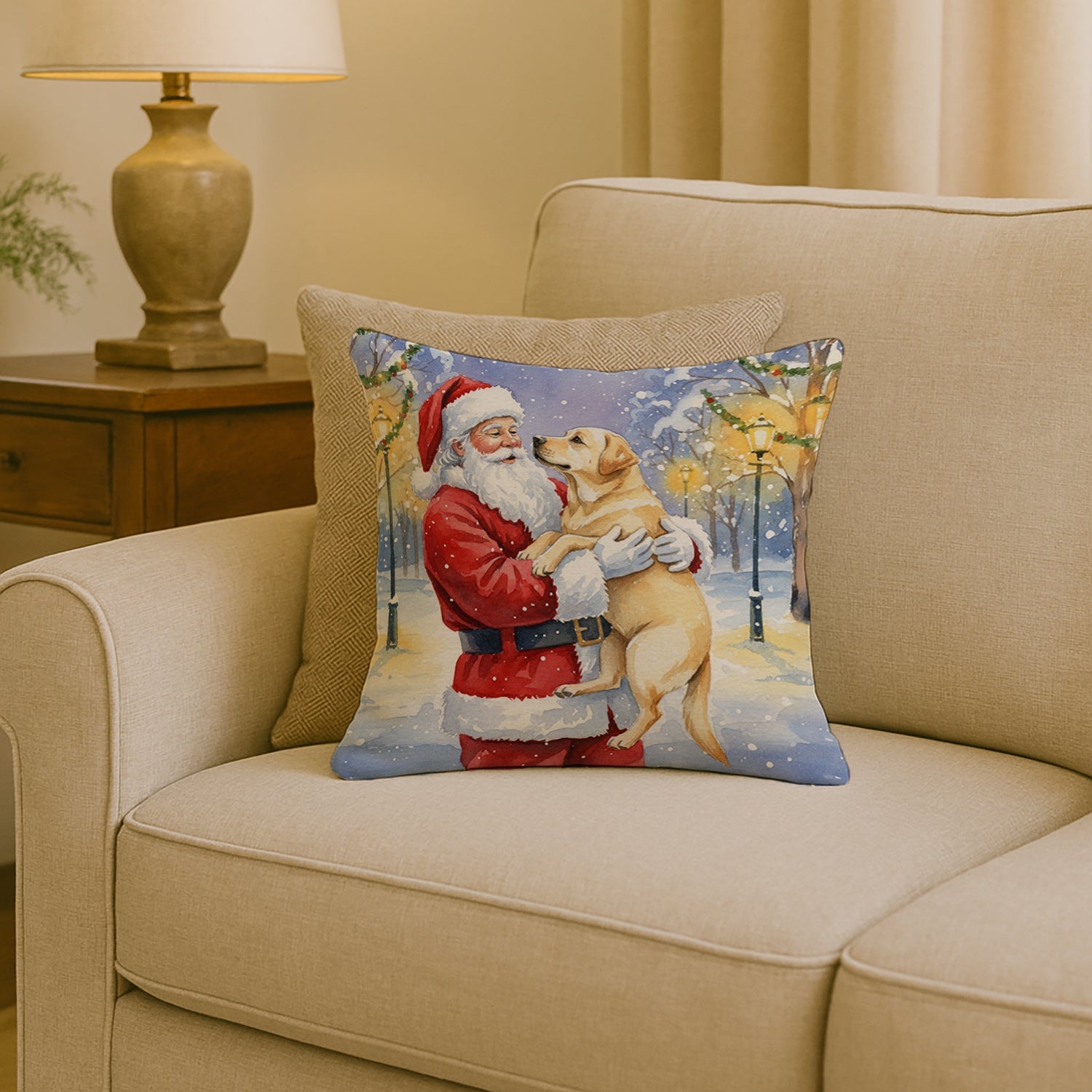 Yellow Labrador Retriever with Santa Claus Decorative Throw Pillow 18x18 Indoor Outdoor Accent Cushion, Fabric Cover with Insert for Sofa, Bed, Porch & Living Room