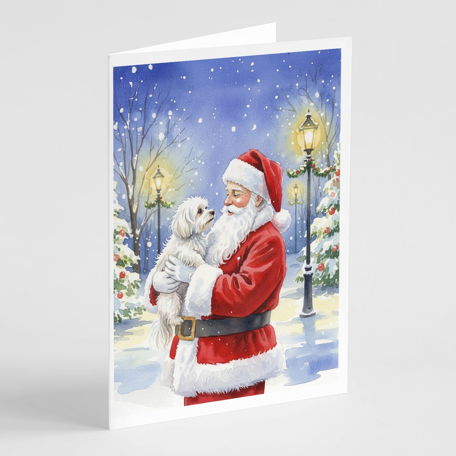 Maltese with Santa Claus Greeting Cards Pack of 8 Blank Cards with Envelopes Whimsical A7 Size 5x7
