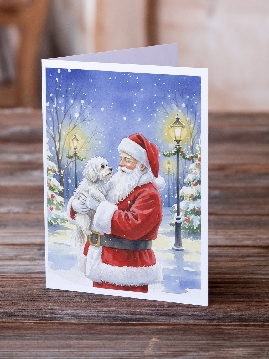 Maltese with Santa Claus Greeting Cards Pack of 8 Blank Cards with Envelopes Whimsical A7 Size 5x7