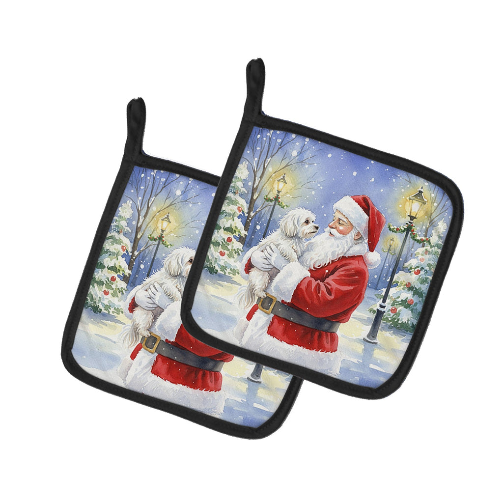 Maltese with Santa Claus Pot Holder Set of 2 Heat Resistant Quilted Hot Pads 7.5 x 7.5 Inch, Insulated Kitchen Trivets for Cooking & Baking