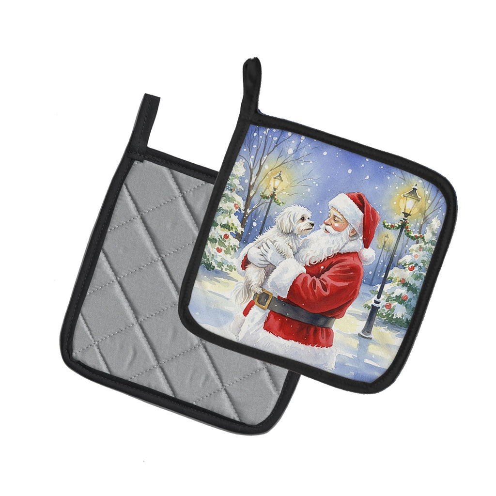 Maltese with Santa Claus Pot Holder Set of 2 Heat Resistant Quilted Hot Pads 7.5 x 7.5 Inch, Insulated Kitchen Trivets for Cooking & Baking