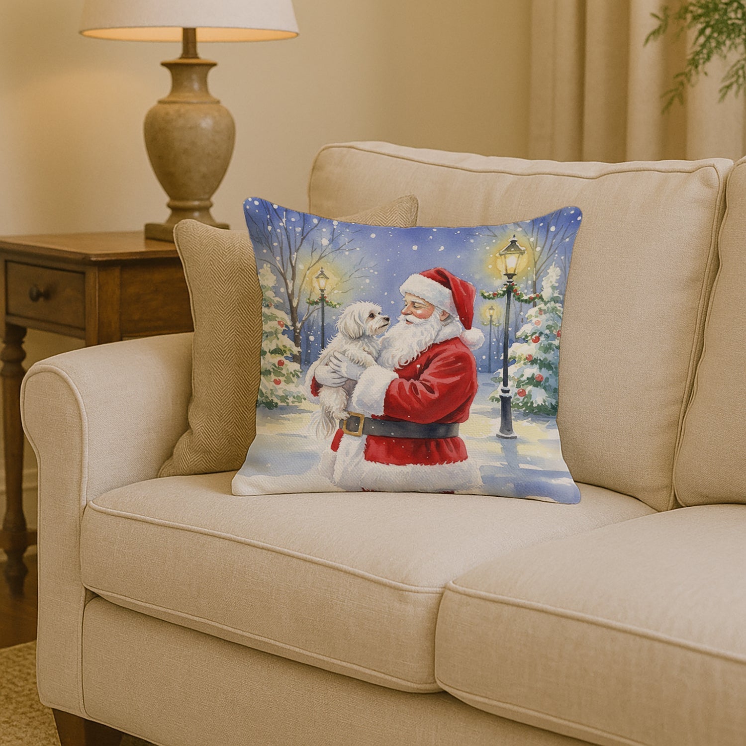 Maltese with Santa Claus Decorative Throw Pillow 14x14 Indoor Outdoor Accent Cushion, Fabric Cover with Insert for Sofa, Bed, Porch & Living Room