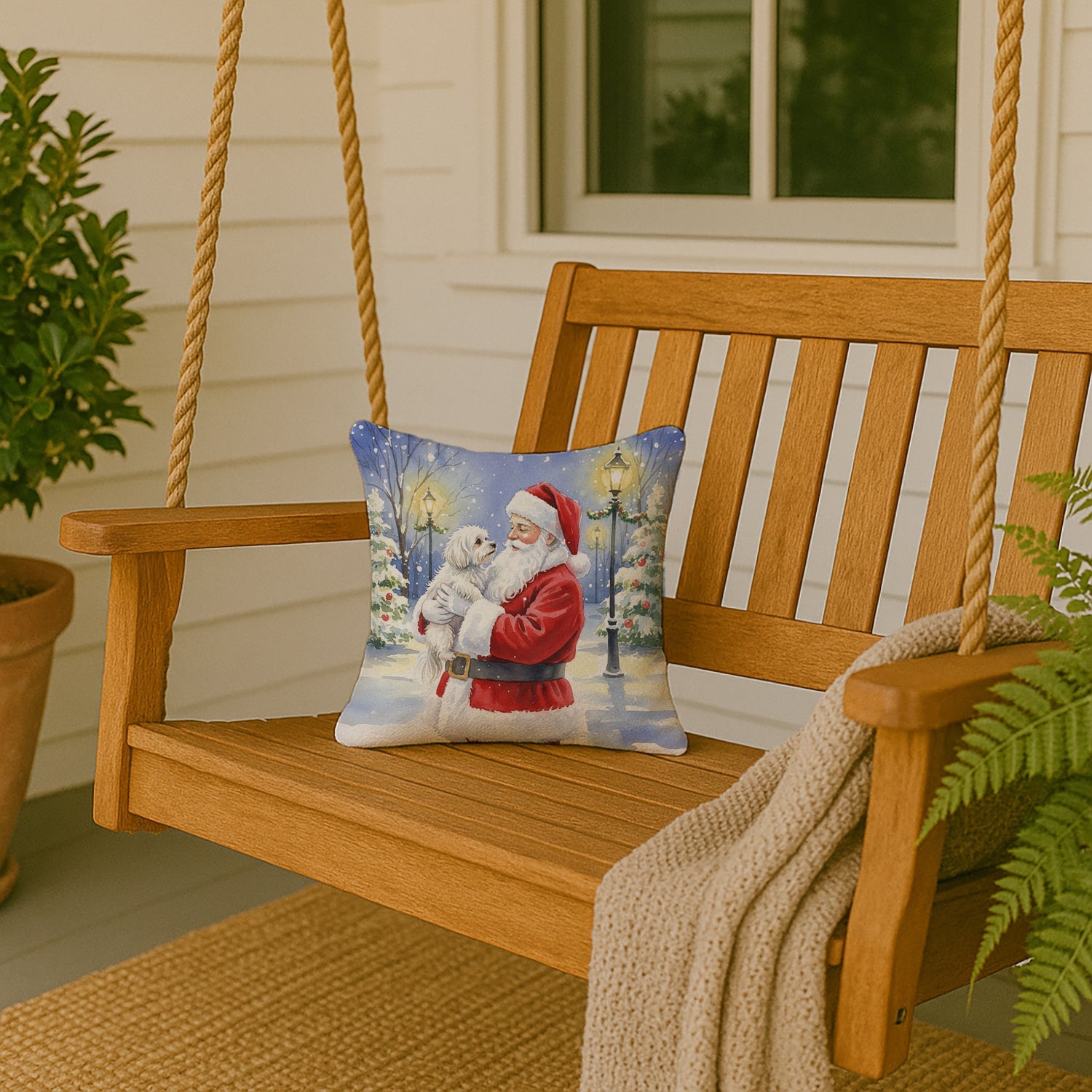 Maltese with Santa Claus Decorative Throw Pillow 14x14 Indoor Outdoor Accent Cushion, Fabric Cover with Insert for Sofa, Bed, Porch & Living Room