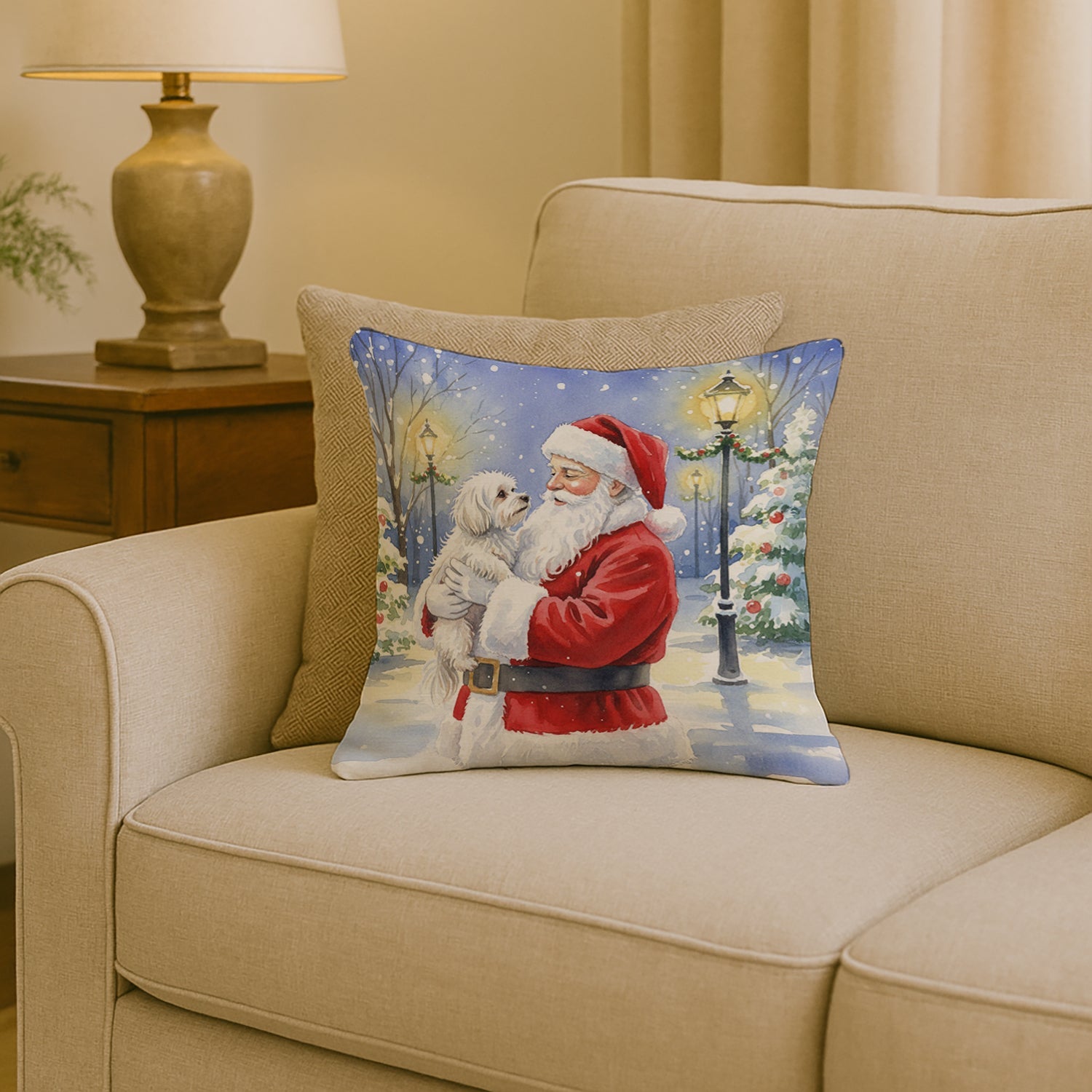 Maltese with Santa Claus Decorative Throw Pillow 18x18 Indoor Outdoor Accent Cushion, Fabric Cover with Insert for Sofa, Bed, Porch & Living Room