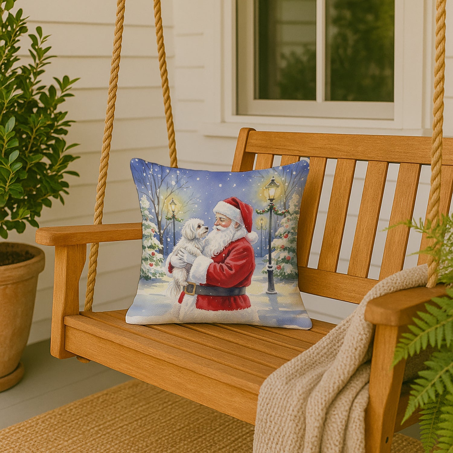Maltese with Santa Claus Decorative Throw Pillow 18x18 Indoor Outdoor Accent Cushion, Fabric Cover with Insert for Sofa, Bed, Porch & Living Room