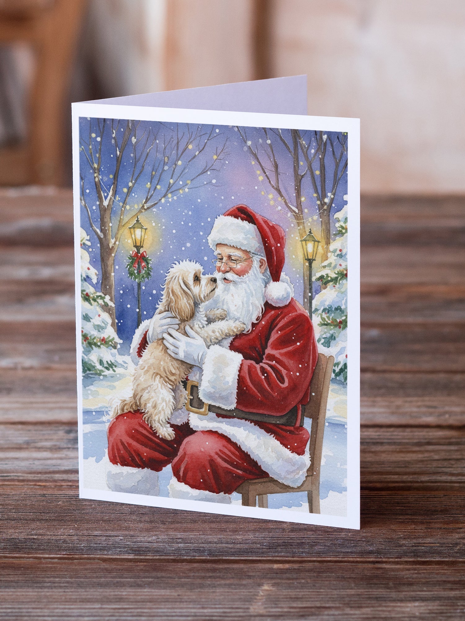 Maltipoo with Santa Claus Greeting Cards Pack of 8 Blank Cards with Envelopes Whimsical A7 Size 5x7