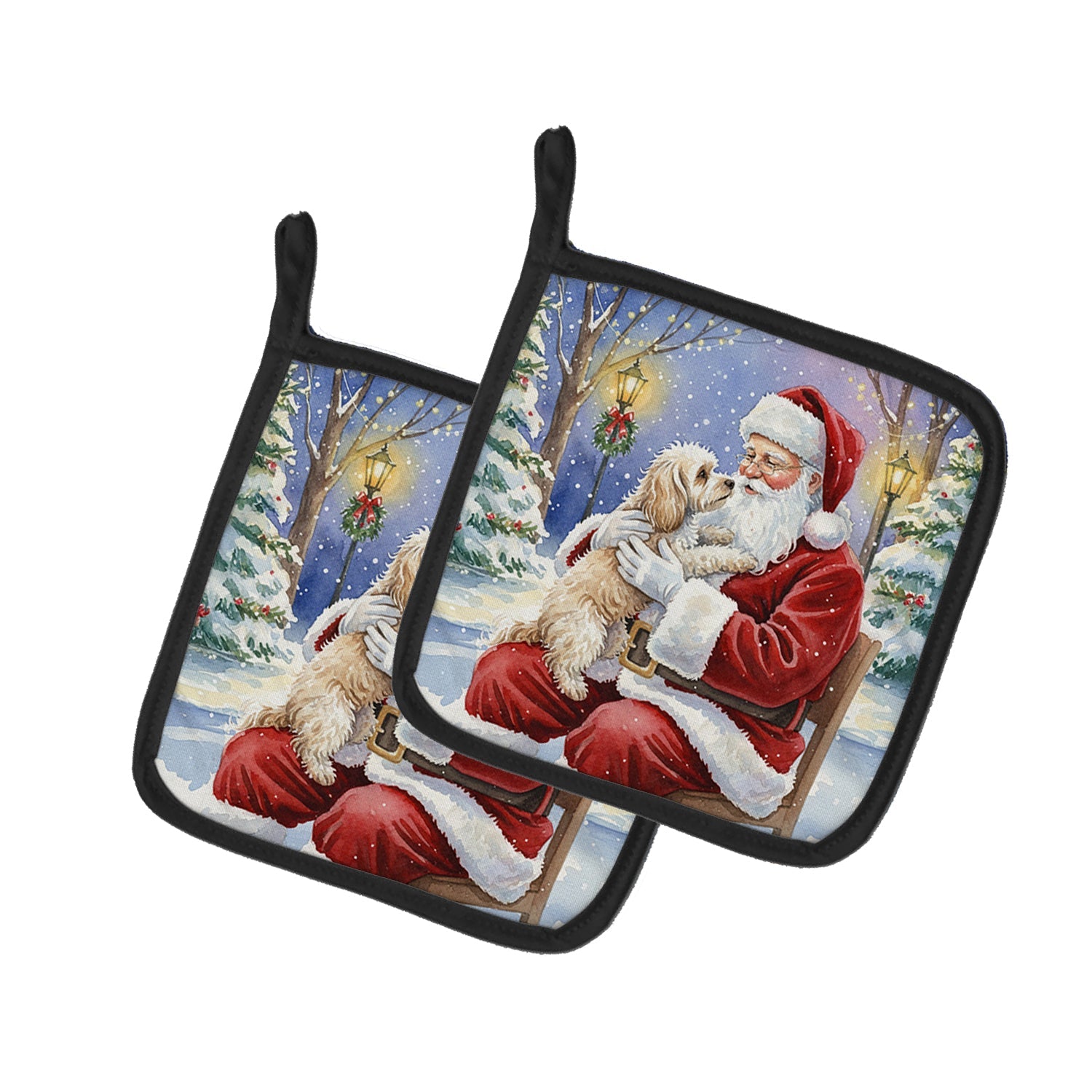 Maltipoo with Santa Claus Pot Holder Set of 2 Heat Resistant Quilted Hot Pads 7.5 x 7.5 Inch, Insulated Kitchen Trivets for Cooking & Baking