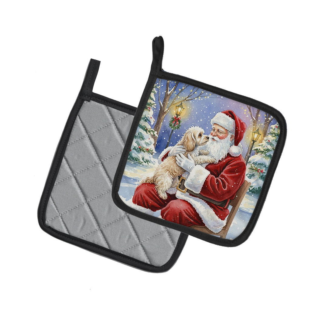 Maltipoo with Santa Claus Pot Holder Set of 2 Heat Resistant Quilted Hot Pads 7.5 x 7.5 Inch, Insulated Kitchen Trivets for Cooking & Baking