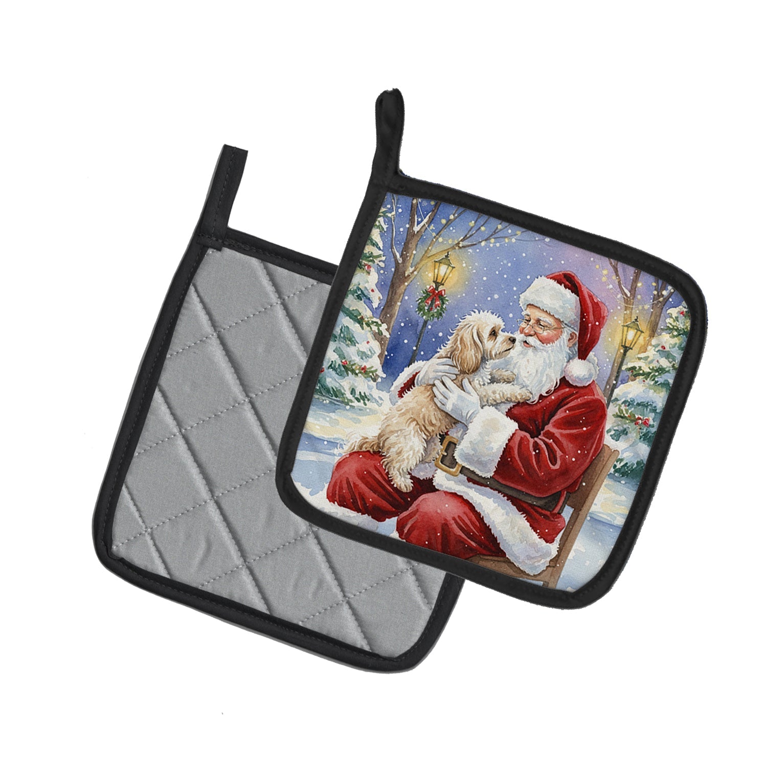 Maltipoo with Santa Claus Pot Holder Set of 2 Heat Resistant Quilted Hot Pads 7.5 x 7.5 Inch, Insulated Kitchen Trivets for Cooking & Baking