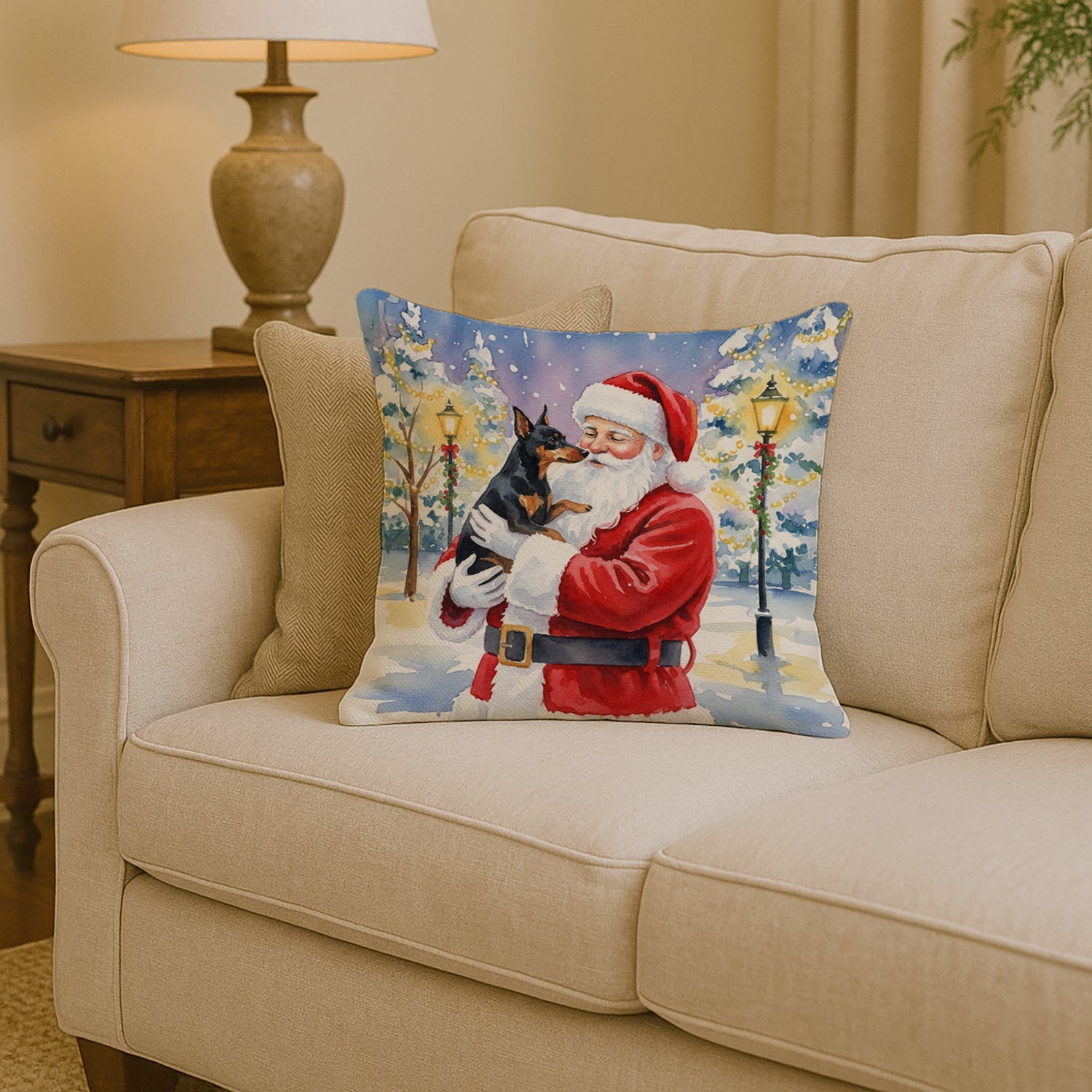 Manchester Terrier with Santa Claus Decorative Throw Pillow 14x14 Indoor Outdoor Accent Cushion, Fabric Cover with Insert for Sofa, Bed, Porch & Living Room
