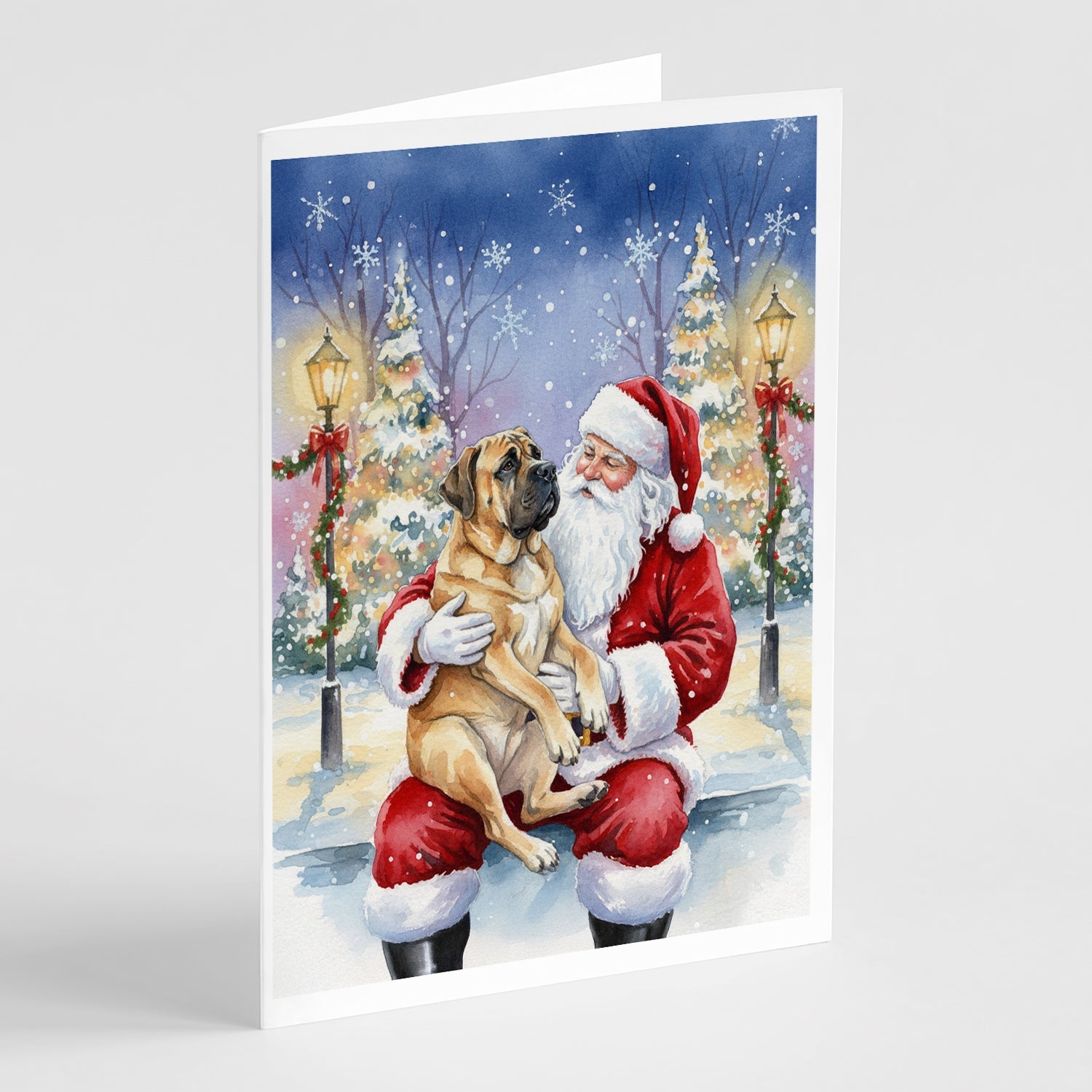 Mastiff with Santa Claus Greeting Cards Pack of 8 Blank Cards with Envelopes Whimsical A7 Size 5x7