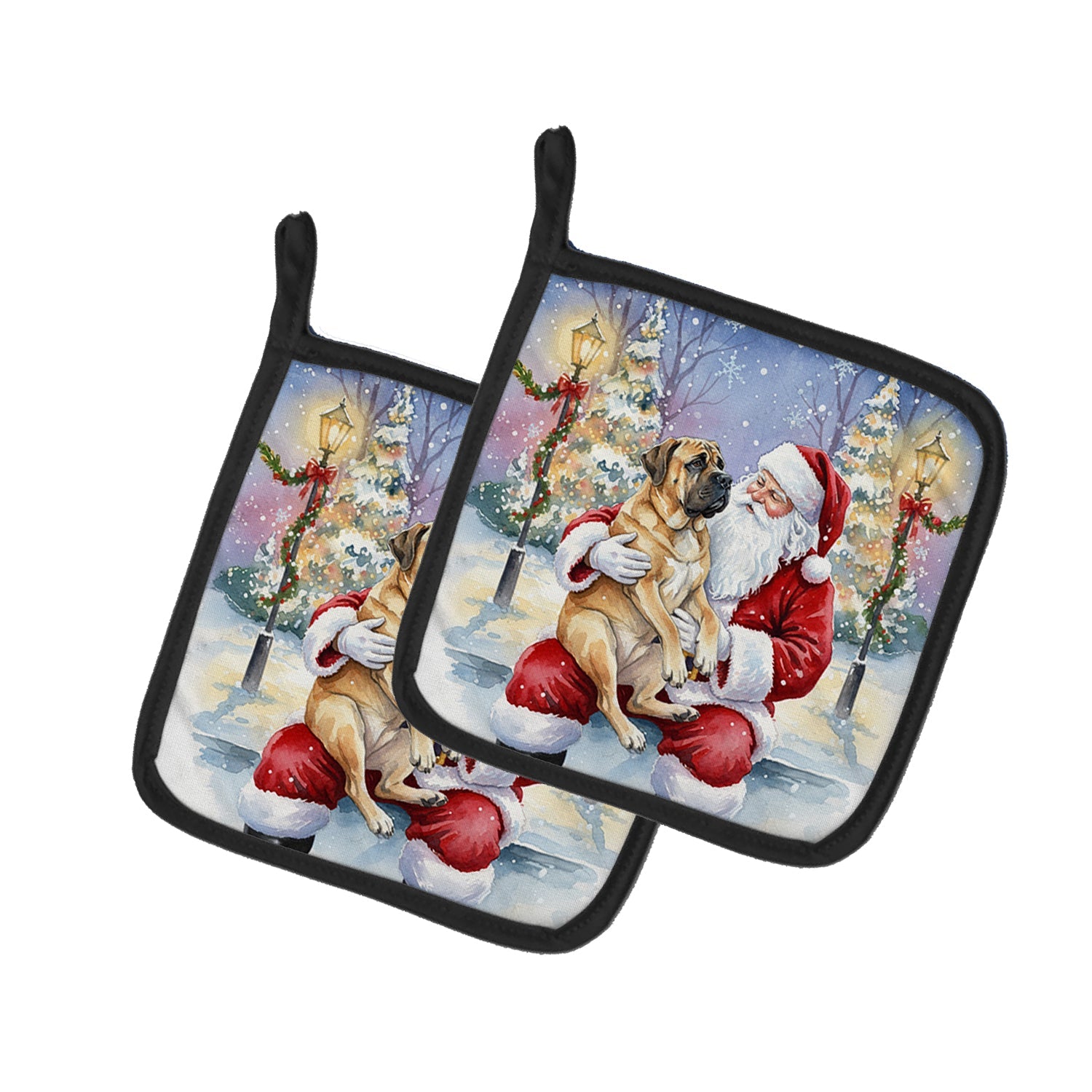 Mastiff with Santa Claus Pot Holder Set of 2 Heat Resistant Quilted Hot Pads 7.5 x 7.5 Inch, Insulated Kitchen Trivets for Cooking & Baking