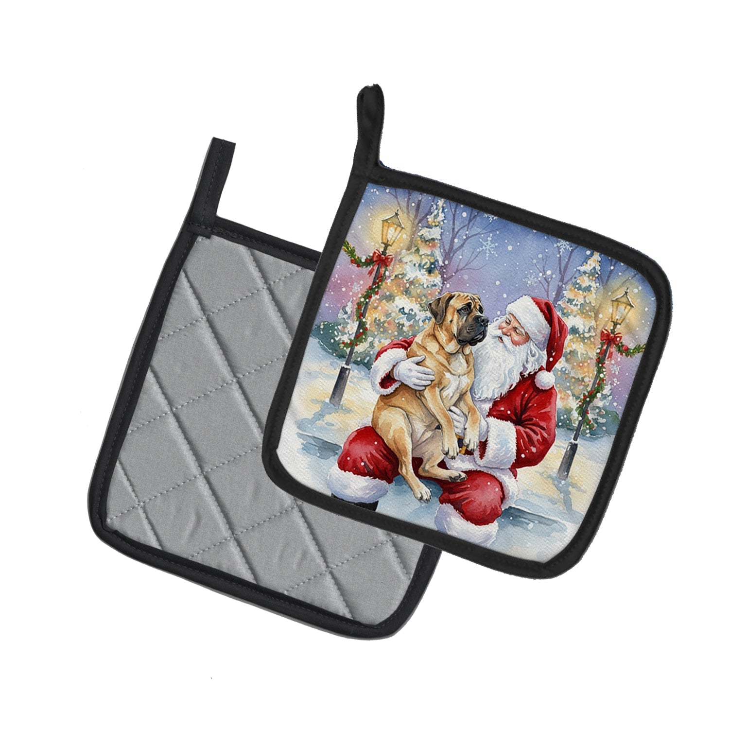 Mastiff with Santa Claus Pot Holder Set of 2 Heat Resistant Quilted Hot Pads 7.5 x 7.5 Inch, Insulated Kitchen Trivets for Cooking & Baking