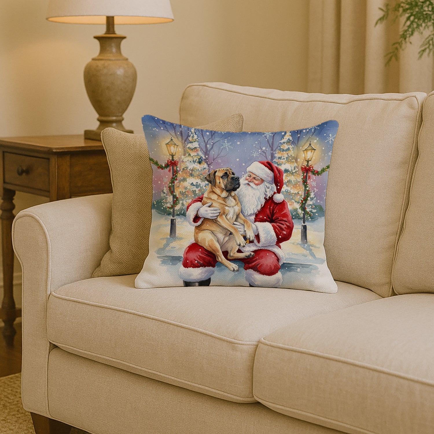 Mastiff with Santa Claus Decorative Throw Pillow 14x14 Indoor Outdoor Accent Cushion, Fabric Cover with Insert for Sofa, Bed, Porch & Living Room
