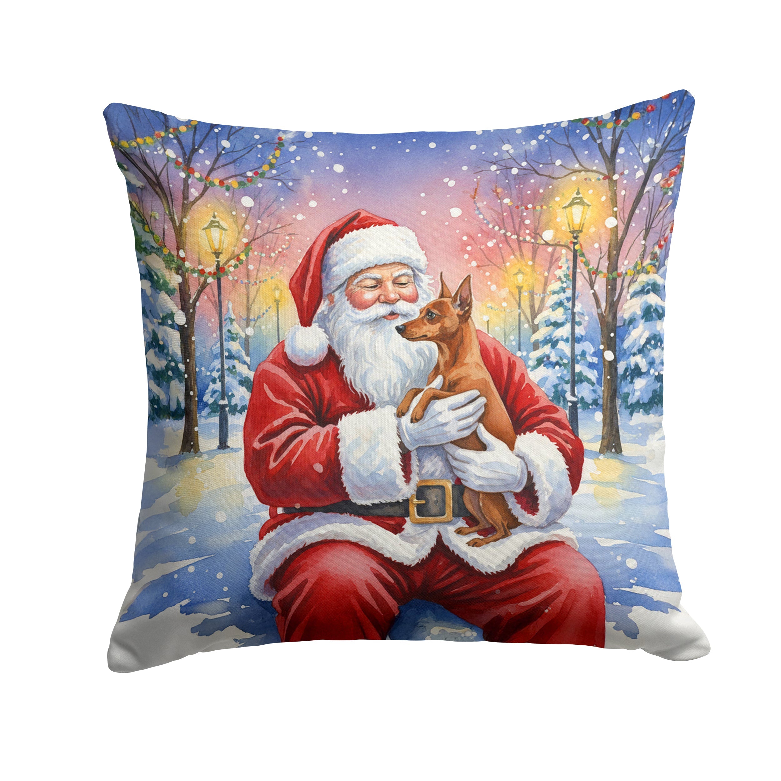 Red Miniature Pinscher with Santa Claus Decorative Throw Pillow 14x14 Indoor Outdoor Accent Cushion, Fabric Cover with Insert for Sofa, Bed, Porch & Living Room