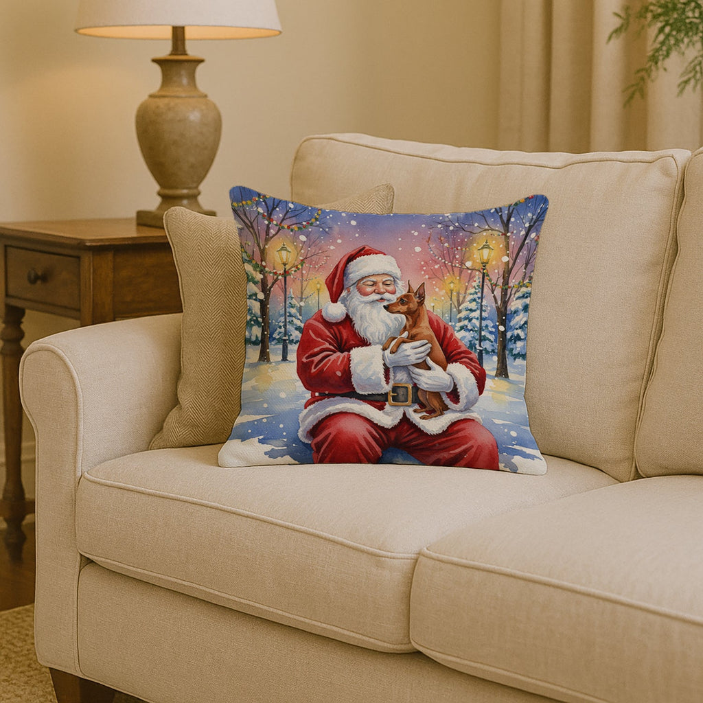 Red Miniature Pinscher with Santa Claus Decorative Throw Pillow 14x14 Indoor Outdoor Accent Cushion, Fabric Cover with Insert for Sofa, Bed, Porch & Living Room