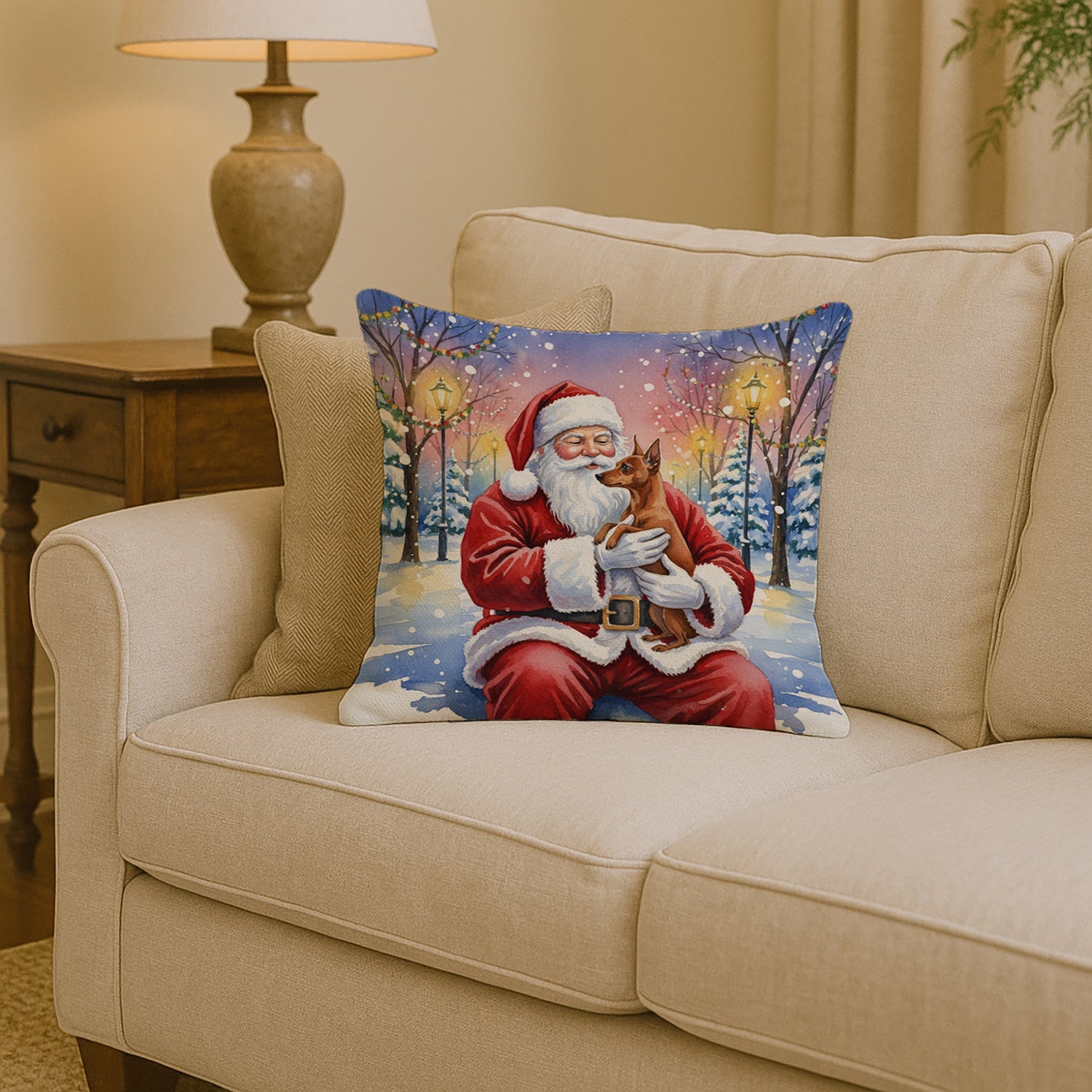 Red Miniature Pinscher with Santa Claus Decorative Throw Pillow 14x14 Indoor Outdoor Accent Cushion, Fabric Cover with Insert for Sofa, Bed, Porch & Living Room