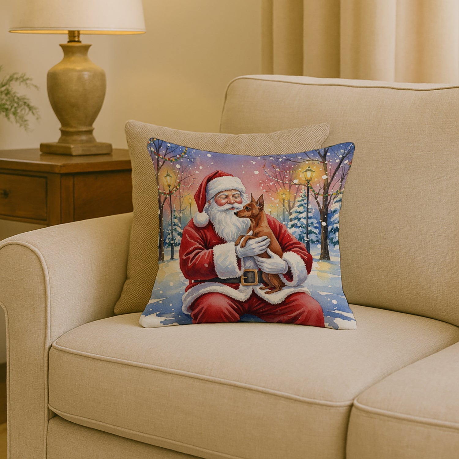 Red Miniature Pinscher with Santa Claus Decorative Throw Pillow 18x18 Indoor Outdoor Accent Cushion, Fabric Cover with Insert for Sofa, Bed, Porch & Living Room
