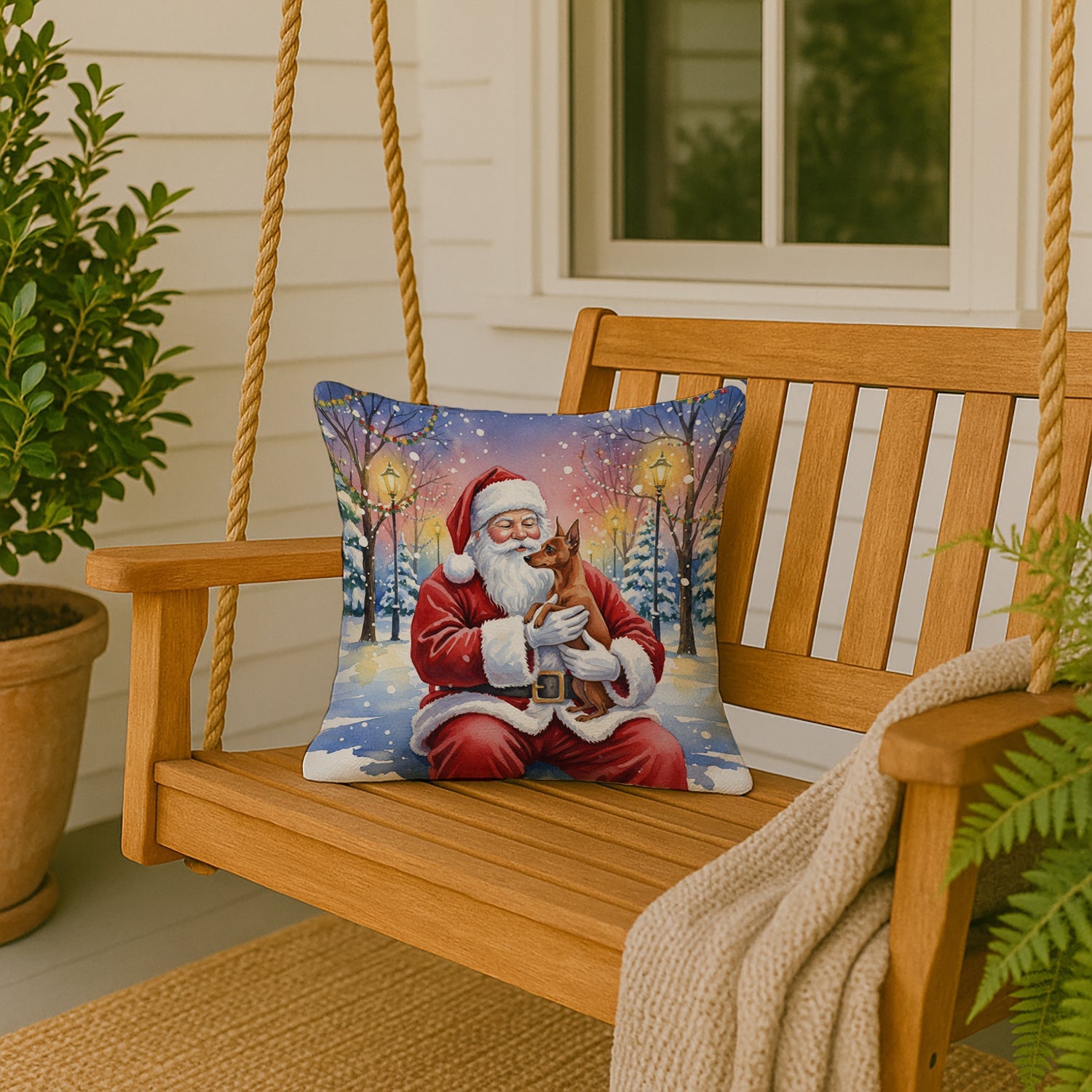 Red Miniature Pinscher with Santa Claus Decorative Throw Pillow 18x18 Indoor Outdoor Accent Cushion, Fabric Cover with Insert for Sofa, Bed, Porch & Living Room