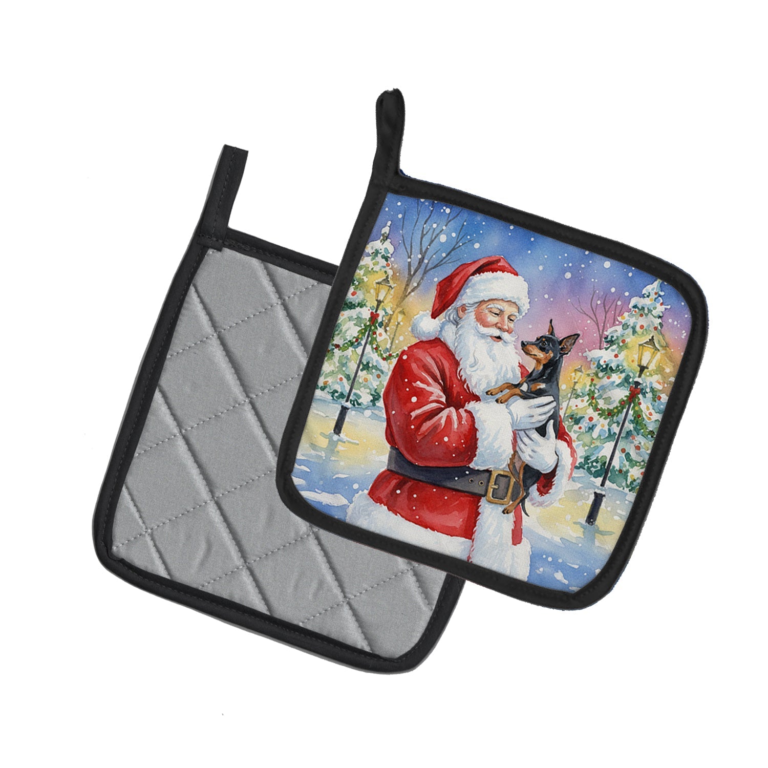 Miniature Pinscher with Santa Claus Pot Holder Set of 2 Heat Resistant Quilted Hot Pads 7.5 x 7.5 Inch, Insulated Kitchen Trivets for Cooking & Baking