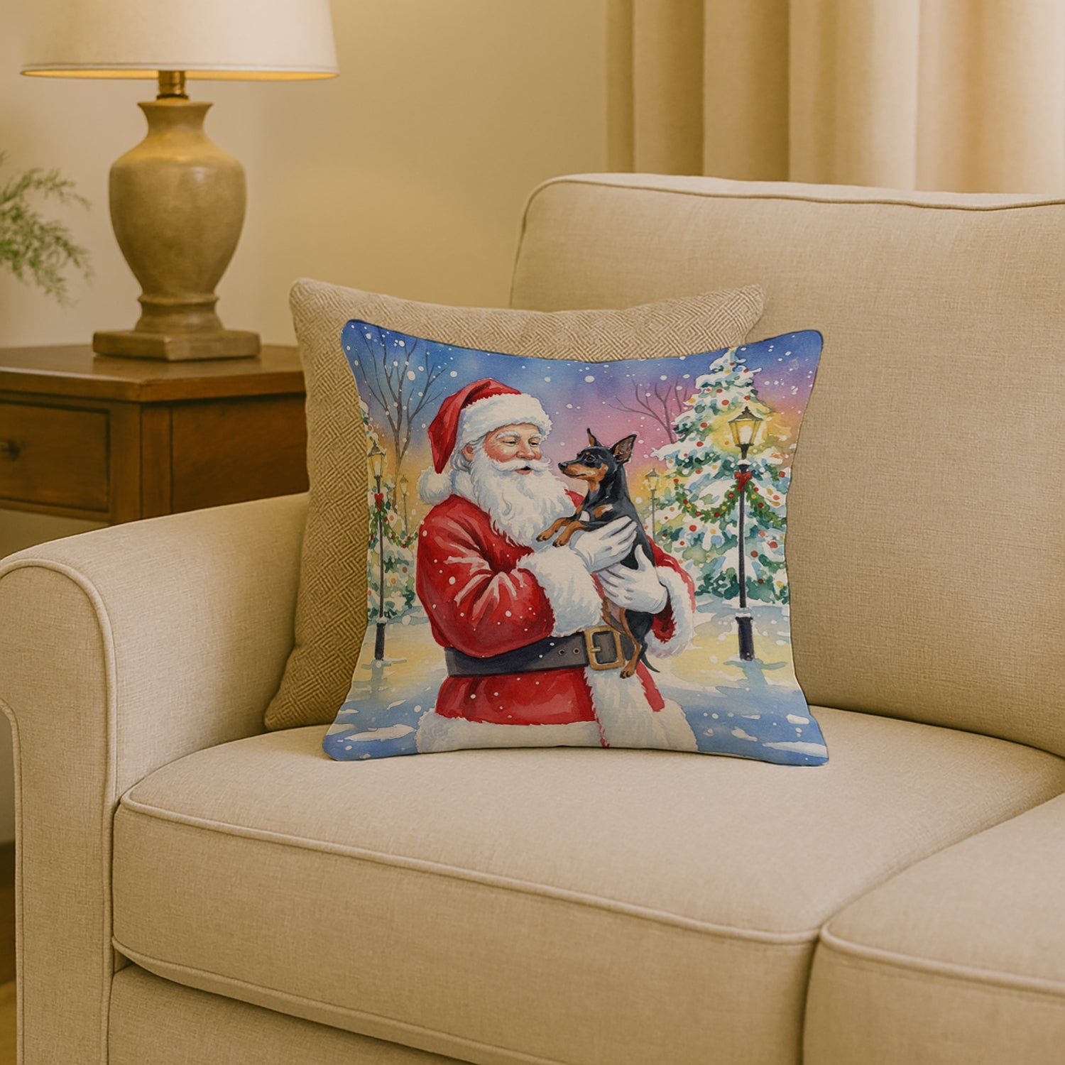 Miniature Pinscher with Santa Claus Decorative Throw Pillow 18x18 Indoor Outdoor Accent Cushion, Fabric Cover with Insert for Sofa, Bed, Porch & Living Room