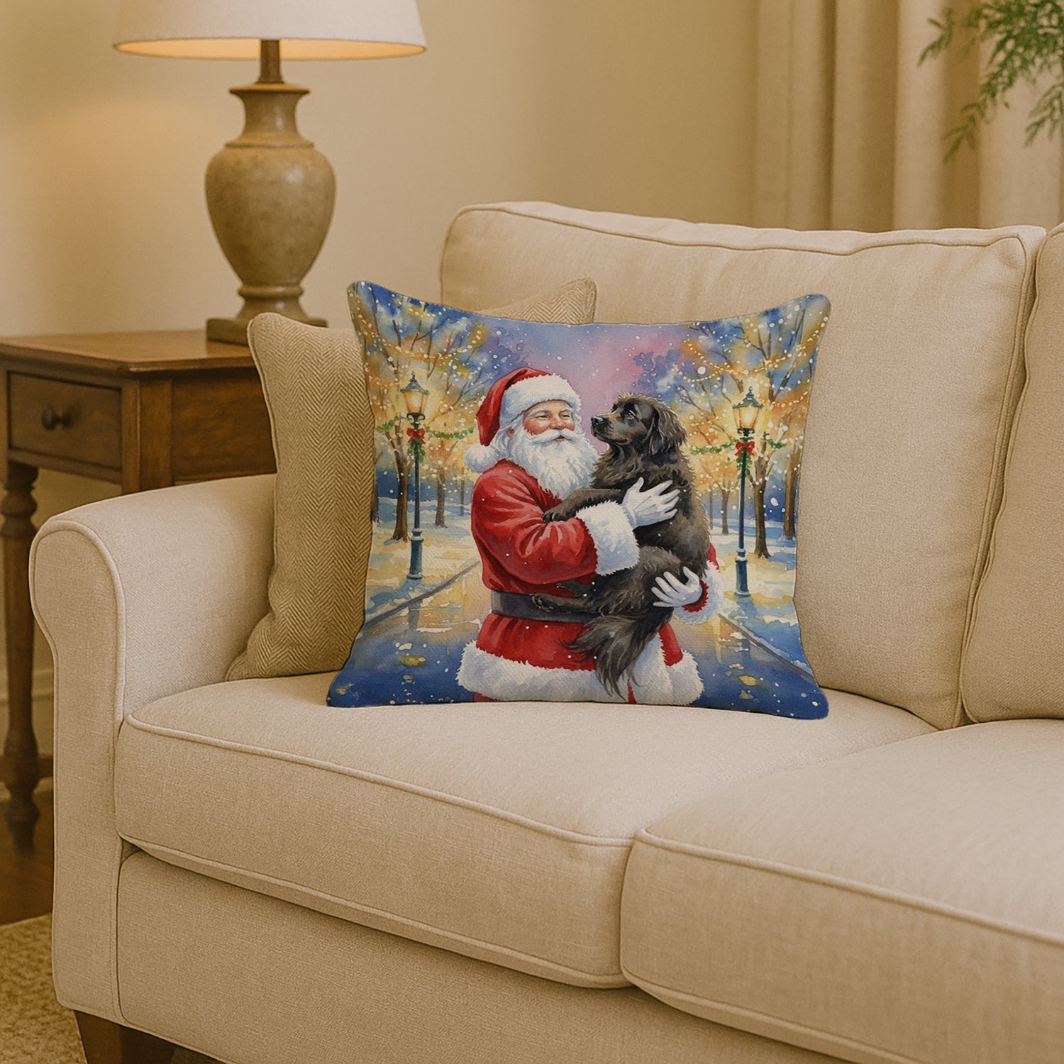 Newfoundland with Santa Claus Decorative Throw Pillow 14x14 Indoor Outdoor Accent Cushion, Fabric Cover with Insert for Sofa, Bed, Porch & Living Room