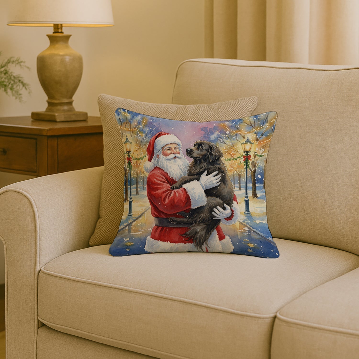 Newfoundland with Santa Claus Decorative Throw Pillow 18x18 Indoor Outdoor Accent Cushion, Fabric Cover with Insert for Sofa, Bed, Porch & Living Room
