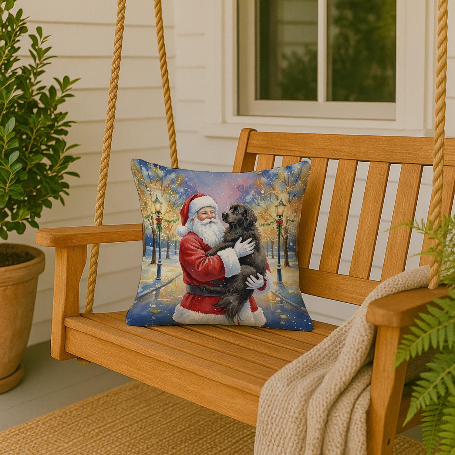 Newfoundland with Santa Claus Decorative Throw Pillow 18x18 Indoor Outdoor Accent Cushion, Fabric Cover with Insert for Sofa, Bed, Porch & Living Room