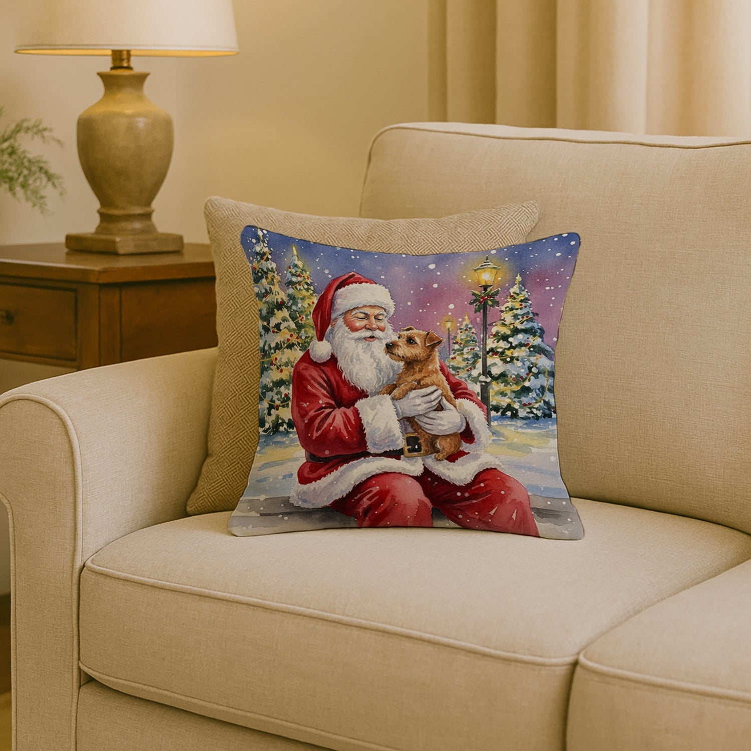 Norfolk Terrier with Santa Claus Decorative Throw Pillow 18x18 Indoor Outdoor Accent Cushion, Fabric Cover with Insert for Sofa, Bed, Porch & Living Room