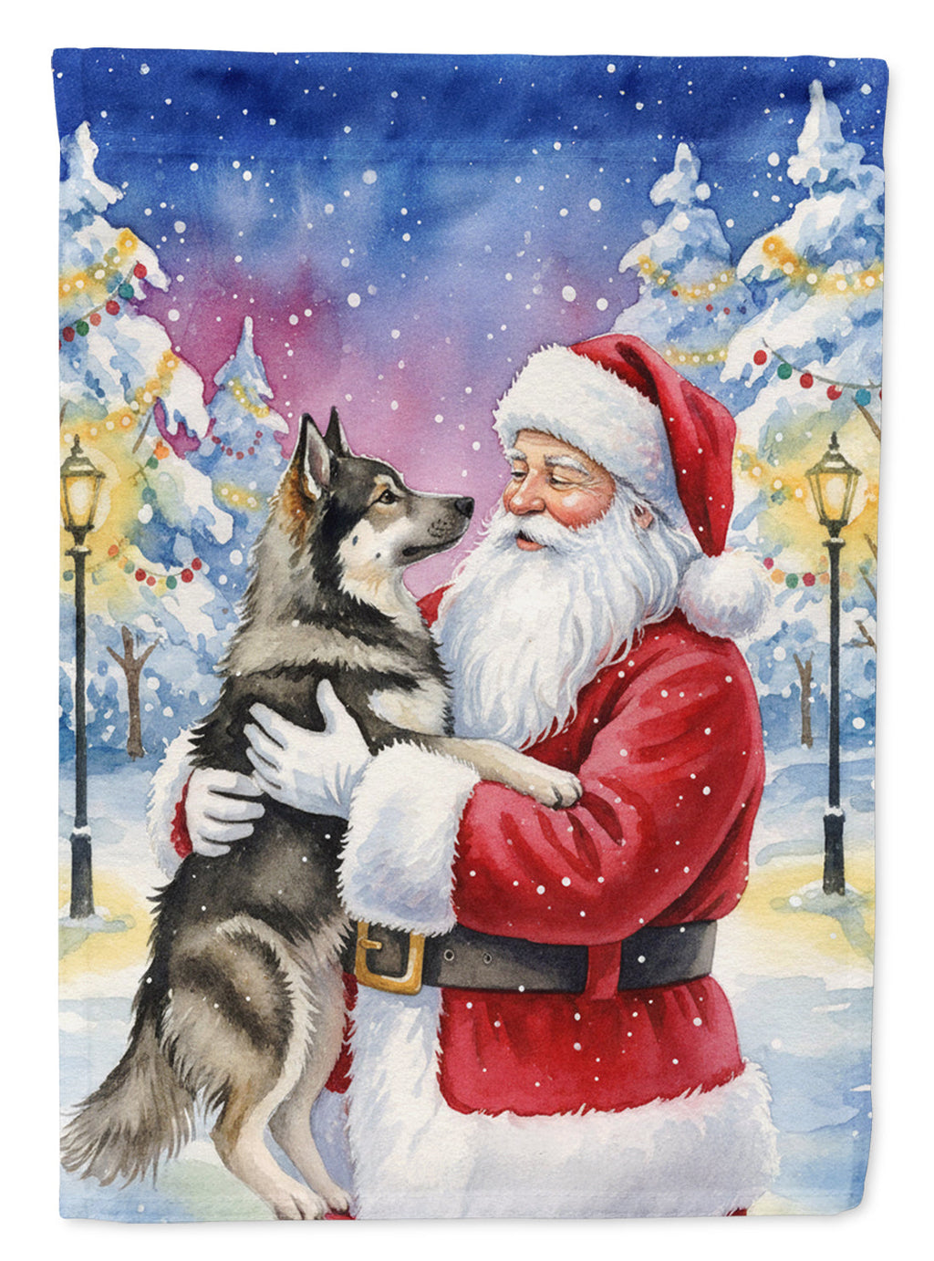 Norwegian Elkhound with Santa Claus House Flag 28x40 Porch Sleeve Pole Decorative Outside Yard Banner Artwork Wall Hanging, Polyester