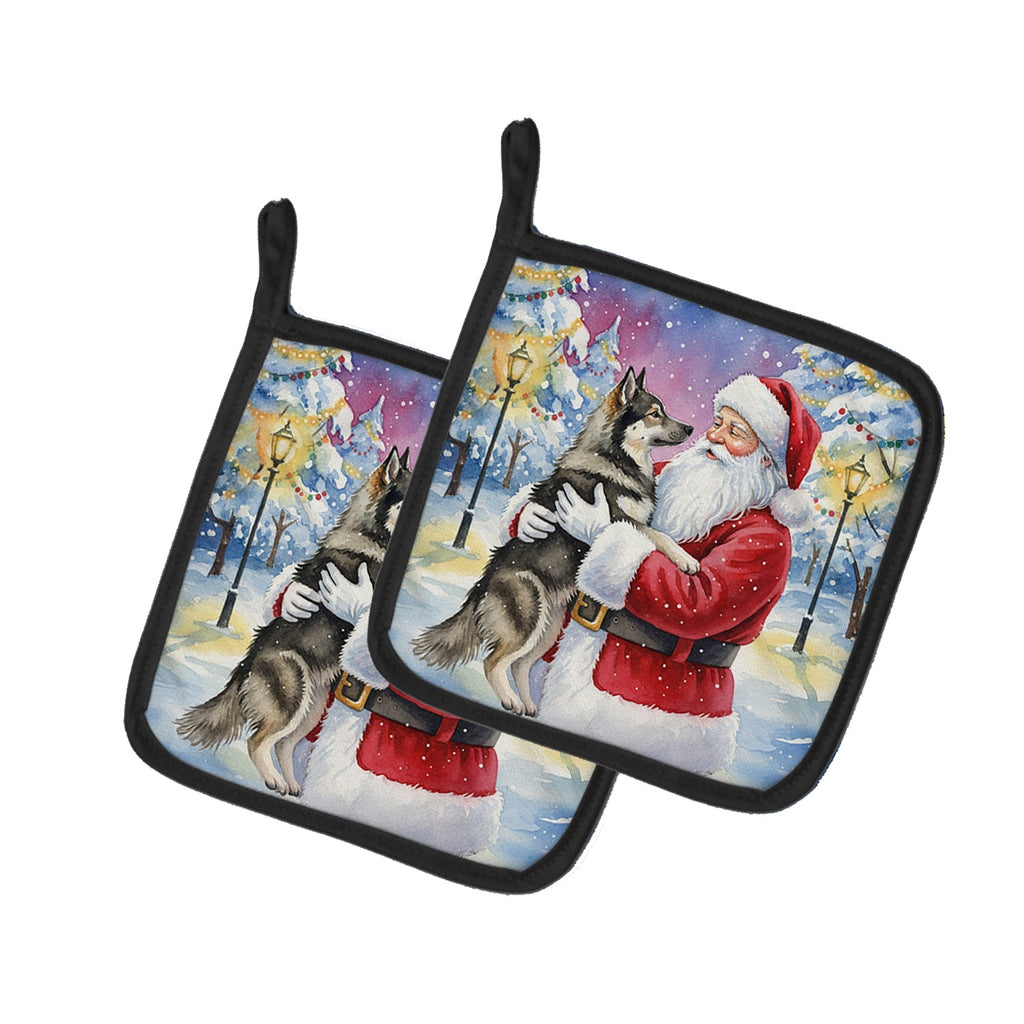 Norwegian Elkhound with Santa Claus Pot Holder Set of 2 Heat Resistant Quilted Hot Pads 7.5 x 7.5 Inch, Insulated Kitchen Trivets for Cooking & Baking