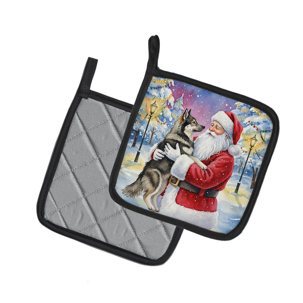 Norwegian Elkhound with Santa Claus Pot Holder Set of 2 Heat Resistant Quilted Hot Pads 7.5 x 7.5 Inch, Insulated Kitchen Trivets for Cooking & Baking