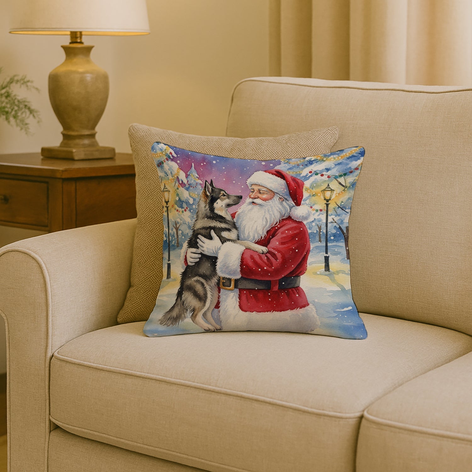 Norwegian Elkhound with Santa Claus Decorative Throw Pillow 18x18 Indoor Outdoor Accent Cushion, Fabric Cover with Insert for Sofa, Bed, Porch & Living Room