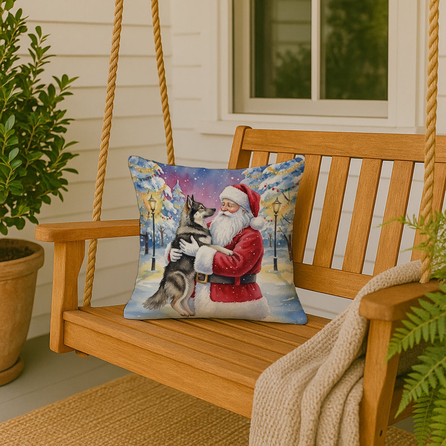 Norwegian Elkhound with Santa Claus Decorative Throw Pillow 18x18 Indoor Outdoor Accent Cushion, Fabric Cover with Insert for Sofa, Bed, Porch & Living Room