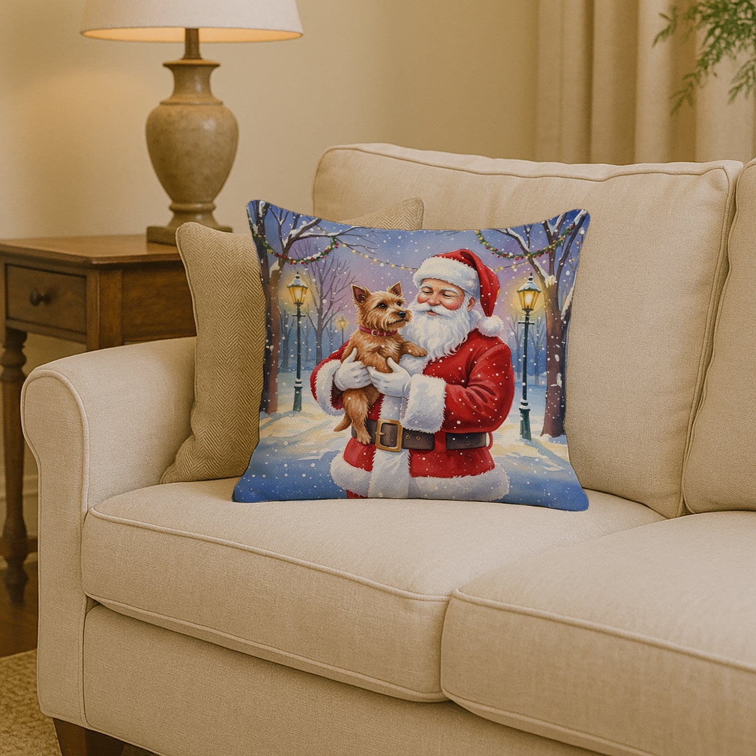 Norwich Terrier with Santa Claus Decorative Throw Pillow 14x14 Indoor Outdoor Accent Cushion, Fabric Cover with Insert for Sofa, Bed, Porch & Living Room
