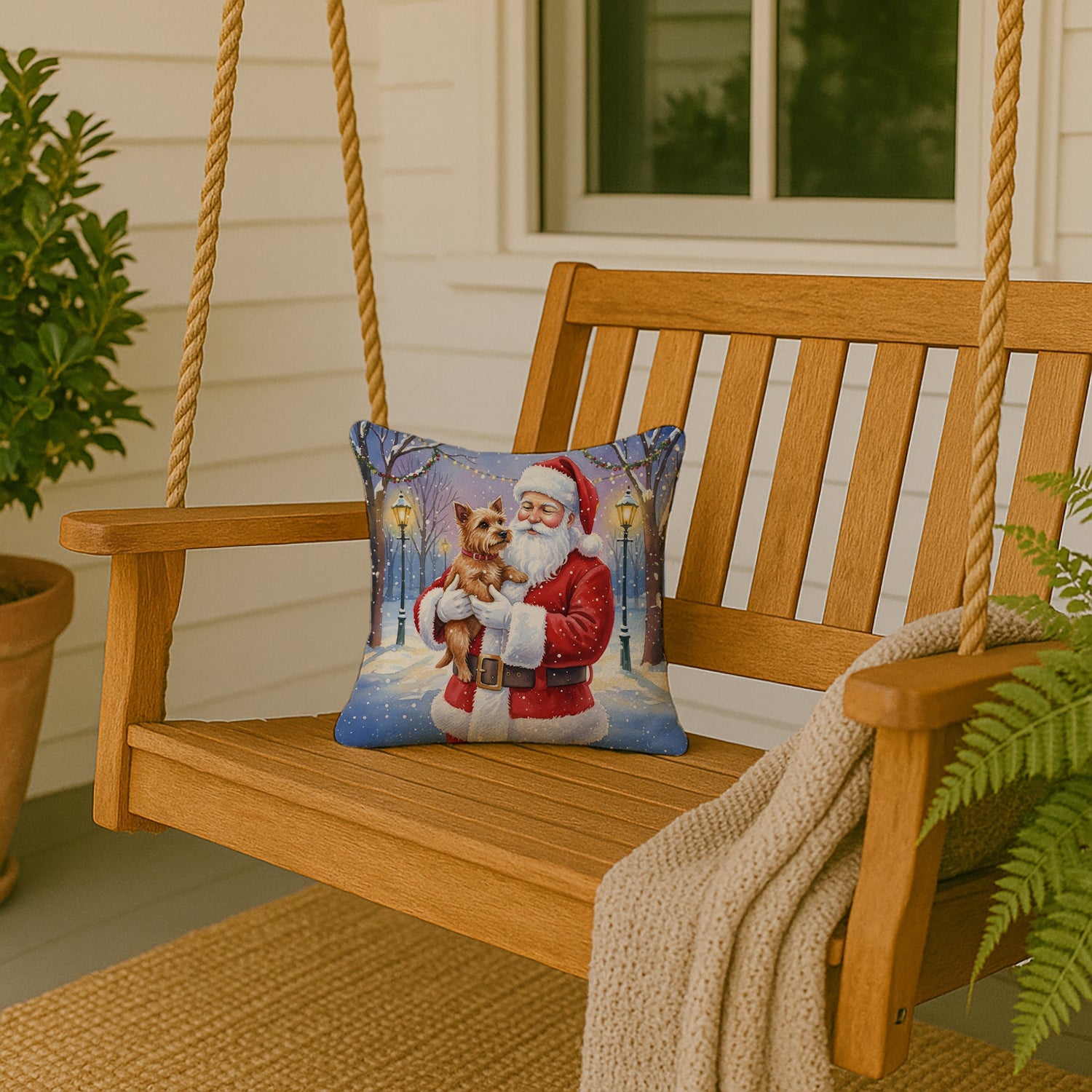 Norwich Terrier with Santa Claus Decorative Throw Pillow 14x14 Indoor Outdoor Accent Cushion, Fabric Cover with Insert for Sofa, Bed, Porch & Living Room