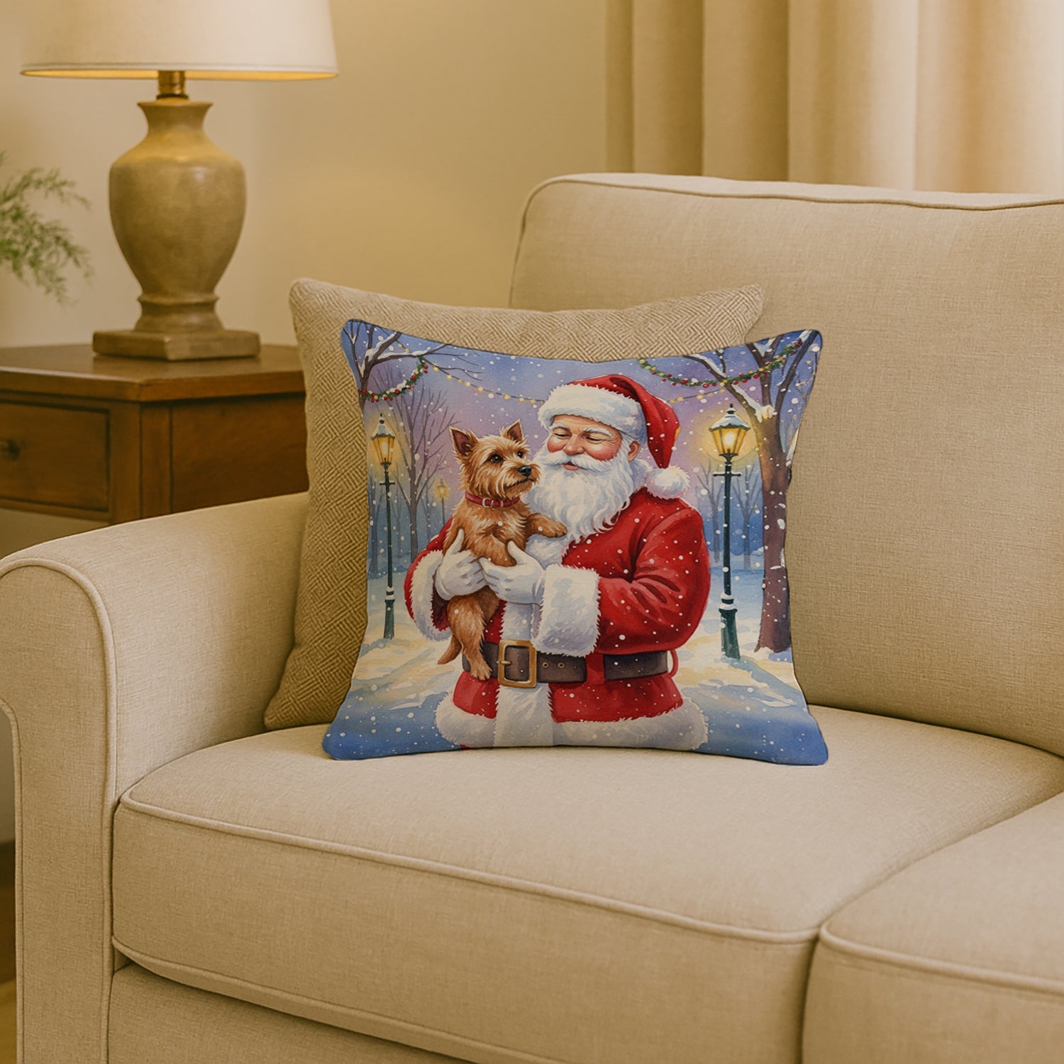 Norwich Terrier with Santa Claus Decorative Throw Pillow 18x18 Indoor Outdoor Accent Cushion, Fabric Cover with Insert for Sofa, Bed, Porch & Living Room