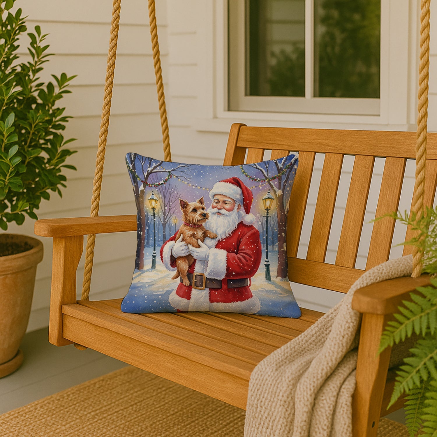 Norwich Terrier with Santa Claus Decorative Throw Pillow 18x18 Indoor Outdoor Accent Cushion, Fabric Cover with Insert for Sofa, Bed, Porch & Living Room