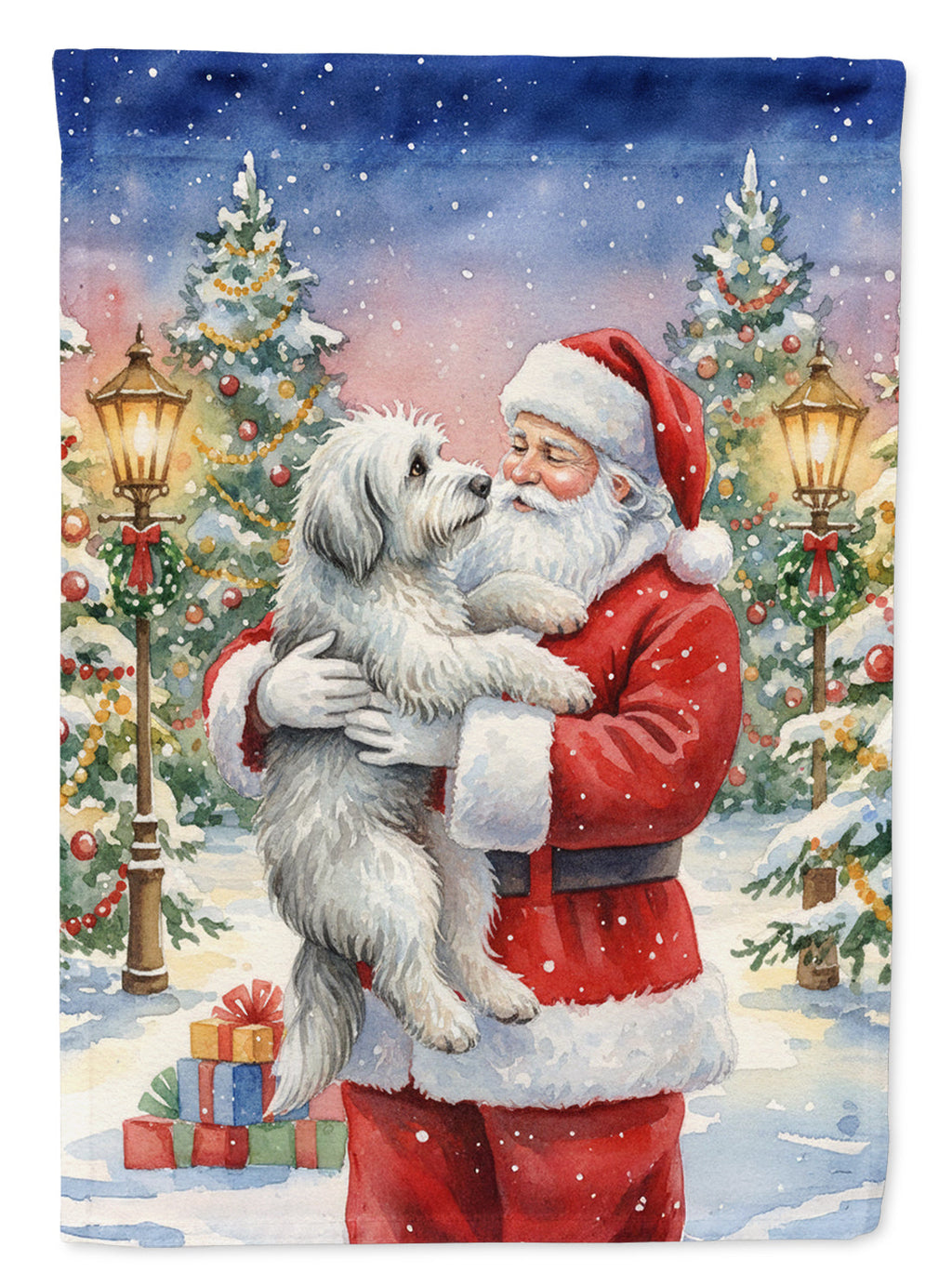 Old English Sheepdog with Santa Claus House Flag 28x40 Porch Sleeve Pole Decorative Outside Yard Banner Artwork Wall Hanging, Polyester