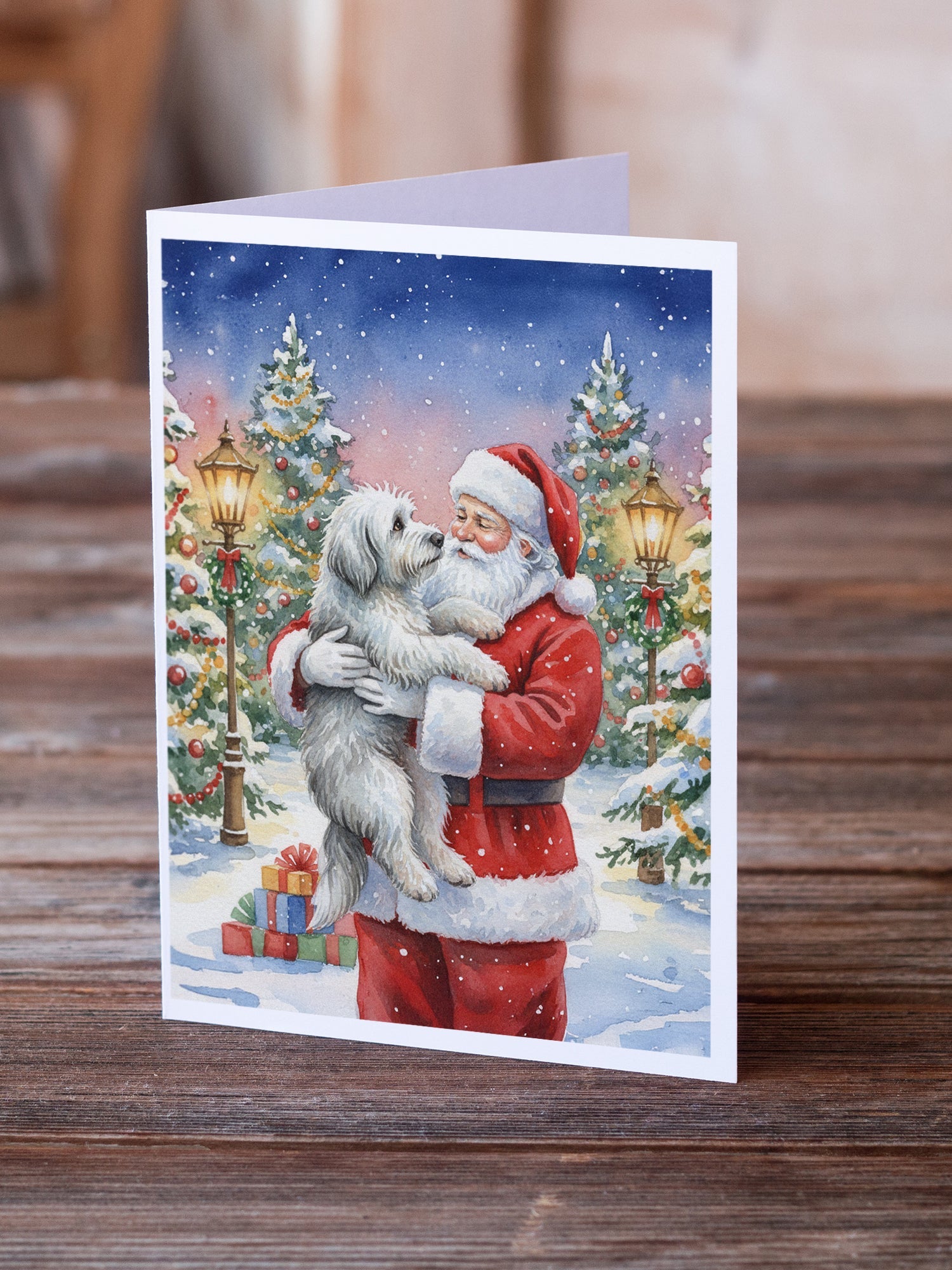 Old English Sheepdog with Santa Claus Greeting Cards Pack of 8 Blank Cards with Envelopes Whimsical A7 Size 5x7