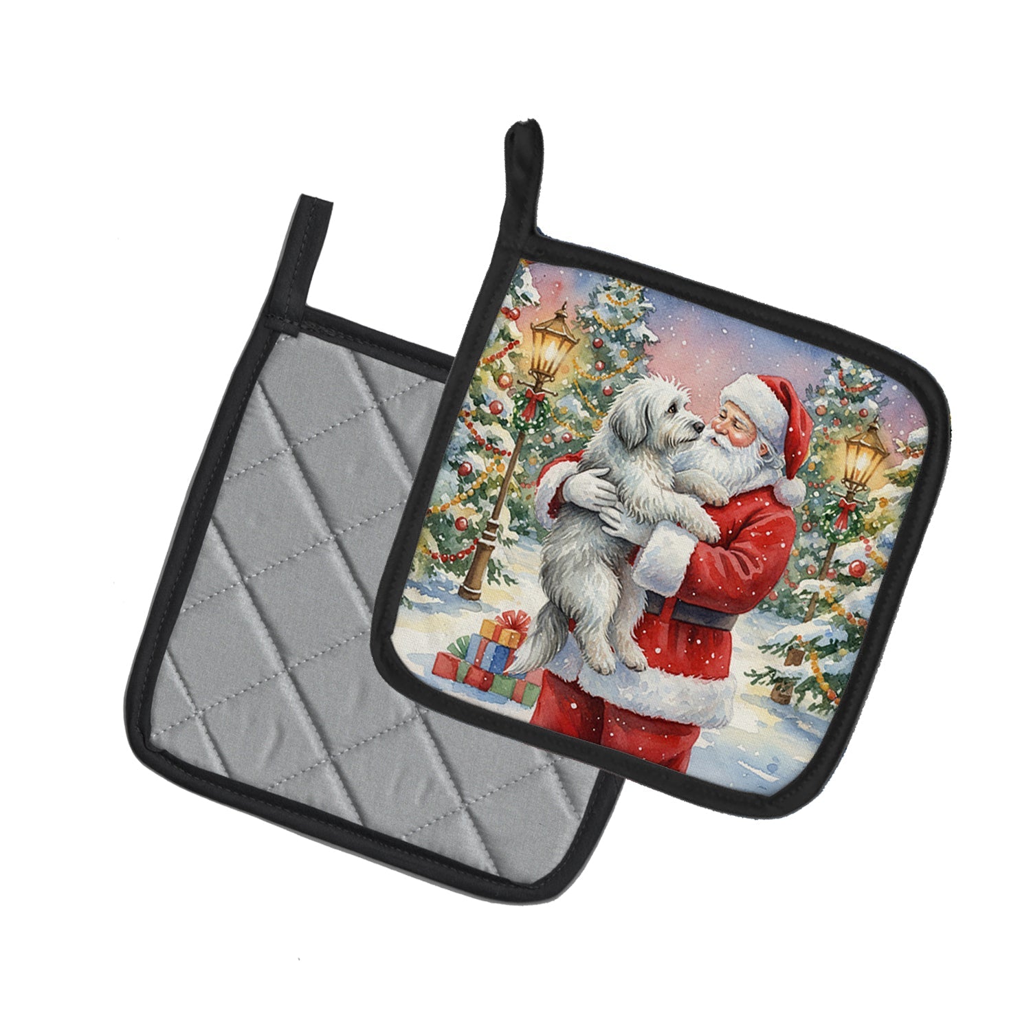 Old English Sheepdog with Santa Claus Pot Holder Set of 2 Heat Resistant Quilted Hot Pads 7.5 x 7.5 Inch, Insulated Kitchen Trivets for Cooking & Baking