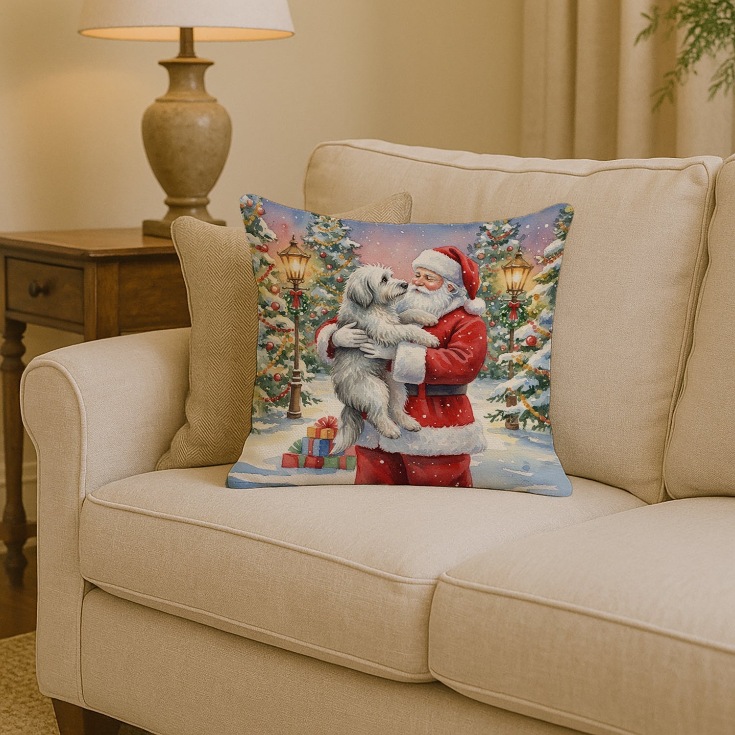 Old English Sheepdog with Santa Claus Decorative Throw Pillow 14x14 Indoor Outdoor Accent Cushion, Fabric Cover with Insert for Sofa, Bed, Porch & Living Room