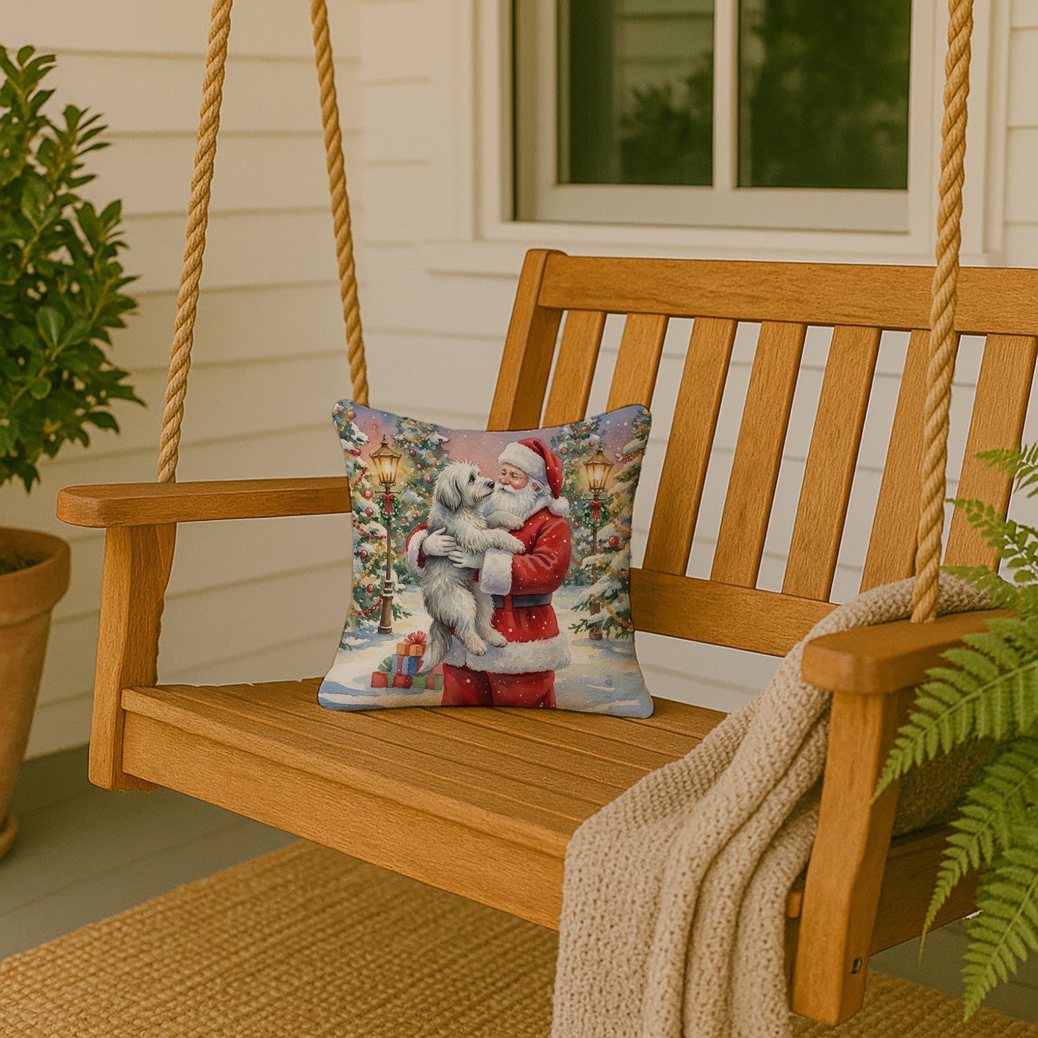 Old English Sheepdog with Santa Claus Decorative Throw Pillow 14x14 Indoor Outdoor Accent Cushion, Fabric Cover with Insert for Sofa, Bed, Porch & Living Room