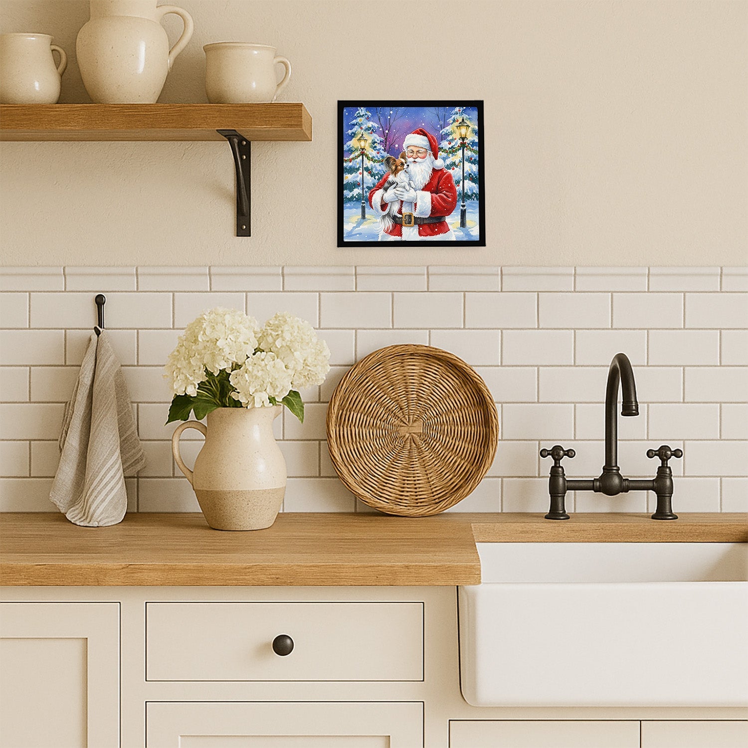 Papillon with Santa Claus Framed Metal Print Bathroom, Kitchen, Office, Home Decor Wall Art Ready to Hang, Square, 8X8