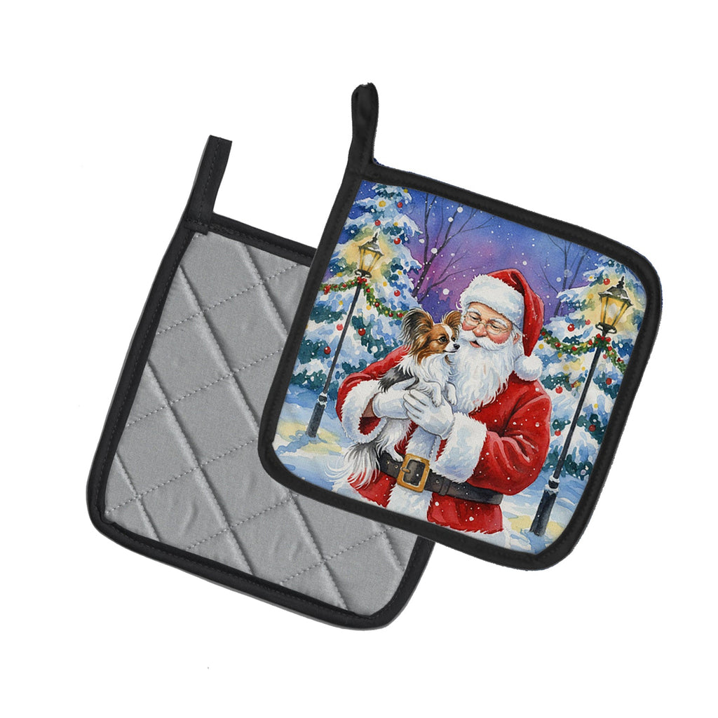 Papillon with Santa Claus Pot Holder Set of 2 Heat Resistant Quilted Hot Pads 7.5 x 7.5 Inch, Insulated Kitchen Trivets for Cooking & Baking
