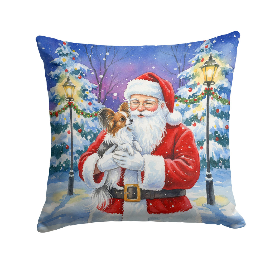 Papillon with Santa Claus Decorative Throw Pillow 14x14 Indoor Outdoor Accent Cushion, Fabric Cover with Insert for Sofa, Bed, Porch & Living Room