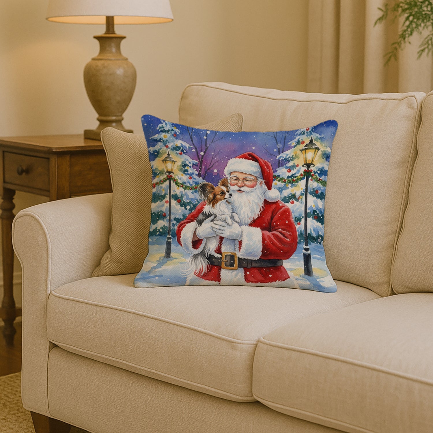 Papillon with Santa Claus Decorative Throw Pillow 14x14 Indoor Outdoor Accent Cushion, Fabric Cover with Insert for Sofa, Bed, Porch & Living Room