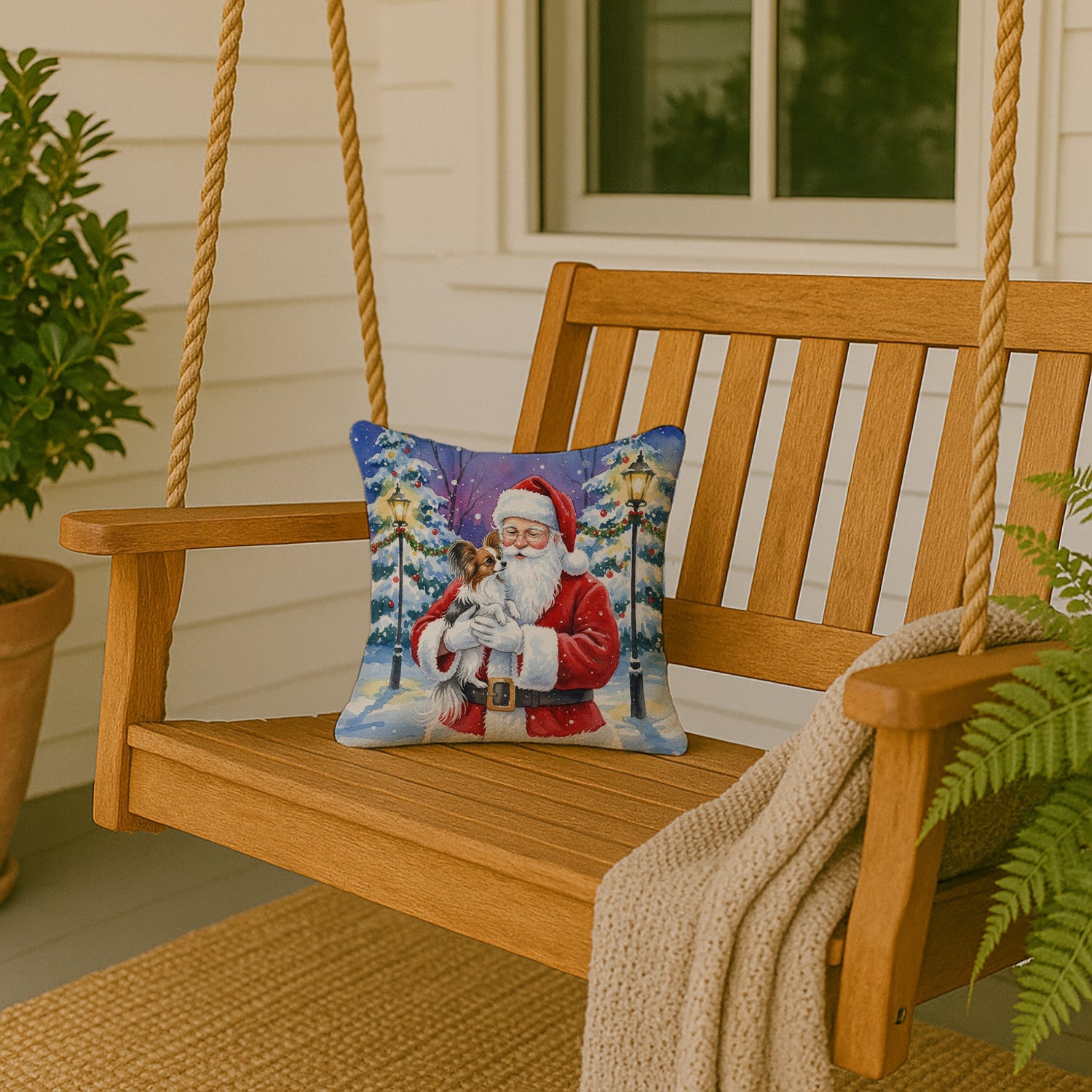 Papillon with Santa Claus Decorative Throw Pillow 14x14 Indoor Outdoor Accent Cushion, Fabric Cover with Insert for Sofa, Bed, Porch & Living Room