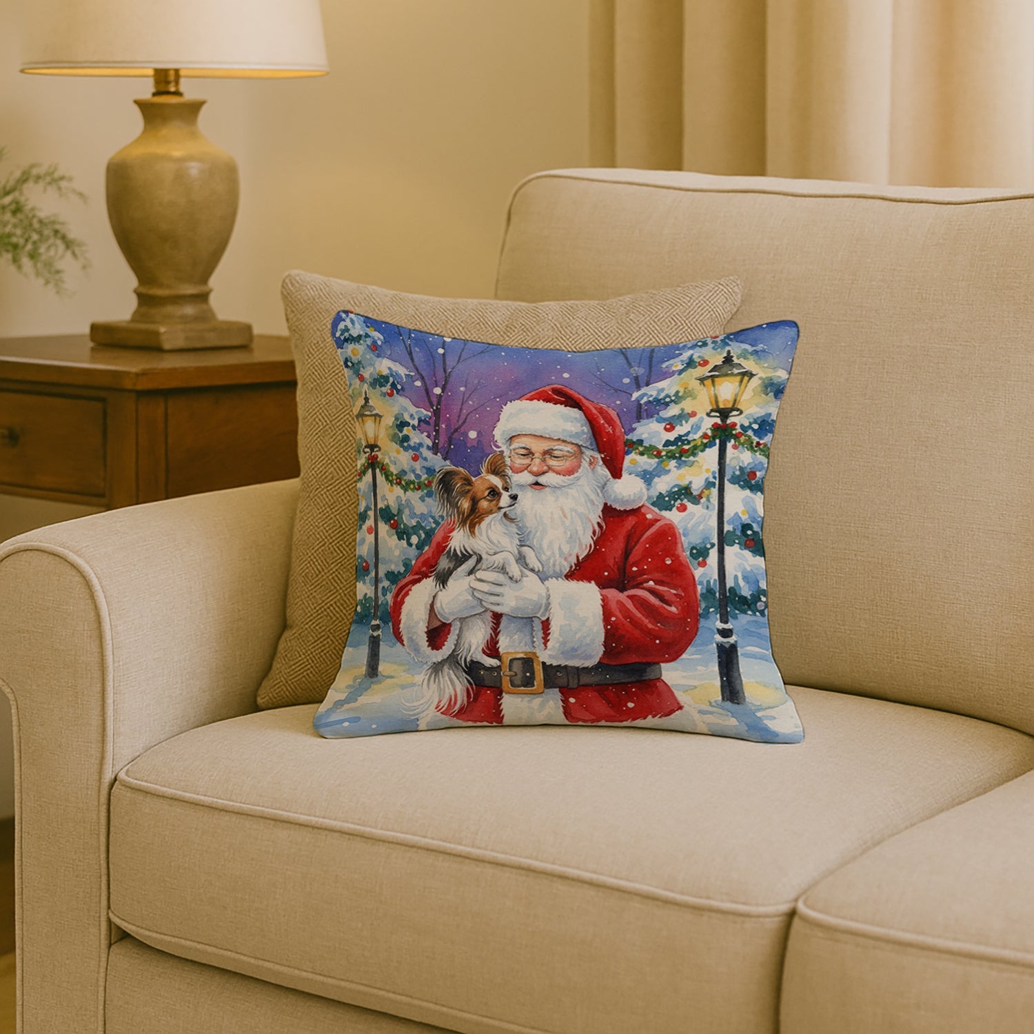 Papillon with Santa Claus Decorative Throw Pillow 18x18 Indoor Outdoor Accent Cushion, Fabric Cover with Insert for Sofa, Bed, Porch & Living Room