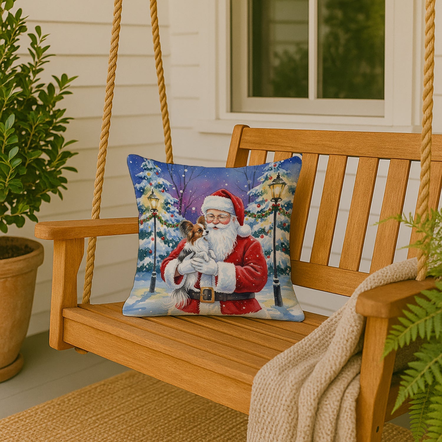Papillon with Santa Claus Decorative Throw Pillow 18x18 Indoor Outdoor Accent Cushion, Fabric Cover with Insert for Sofa, Bed, Porch & Living Room